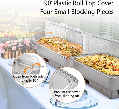 Miniatura 6 de ROVSUN Juego de bufé eléctrico de acero inoxidable de 9 cuartos de galón, NSF con tapa enrollable para catering, calentador de alimentos con tamaño