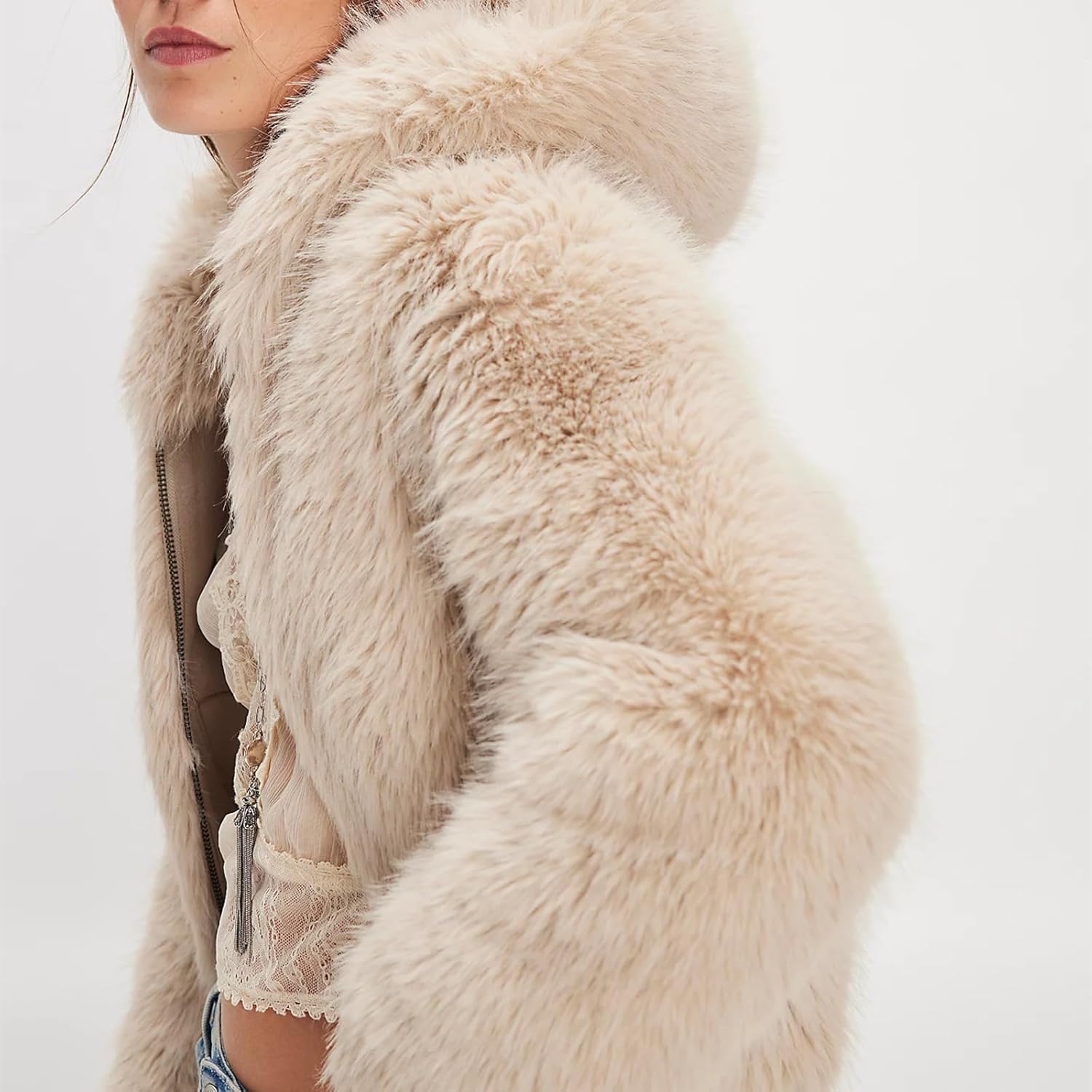 Karwuiio Women Faux Fur Coat Fluffy Long Sleeve Zip Hooded Open Front Shaggy Jacket Warm Short Outwear - Image 5