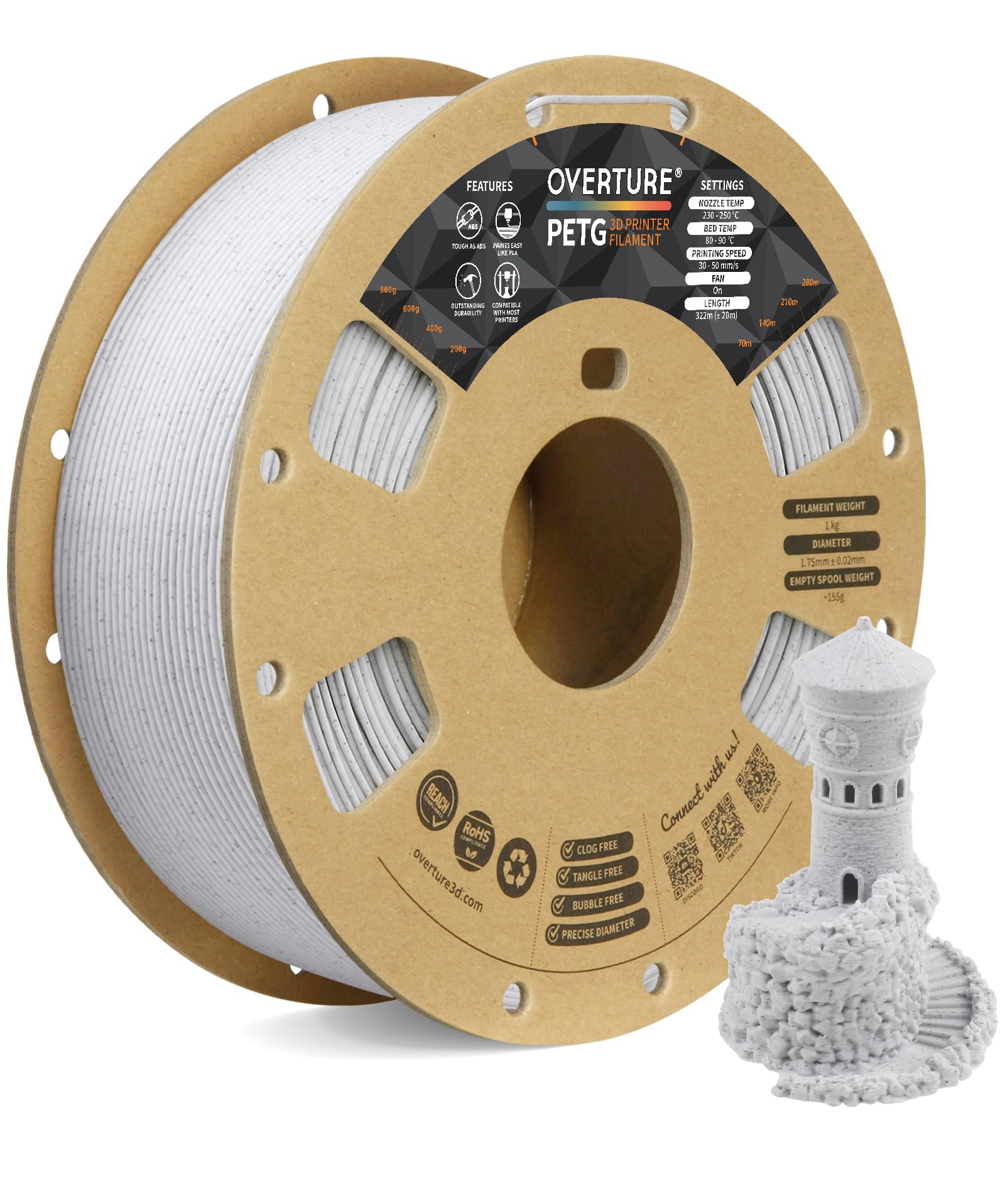 OVERTURE Filamento Rock PETG 1.75mm, 1kg Bobina(2.2lbs), Neatly Wound Durevole PETG Filament per Stampante 3D, Precisione Dimensionale +/- 0.02 mm, 3D Printer Filamento (Rock Bianco)
