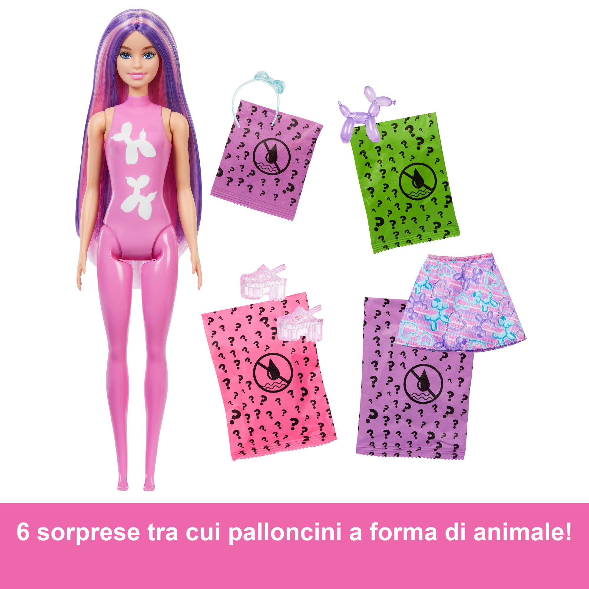 Barbie - Color Reveal Serie Baloon Animals, Bambola Effetto Cambia Colore, con 6 Accessori a sopresa e Un Mini Palloncino a Forma di Animale Inclusi, Giocattolo per Bambini, 3+ Anni, JFV58