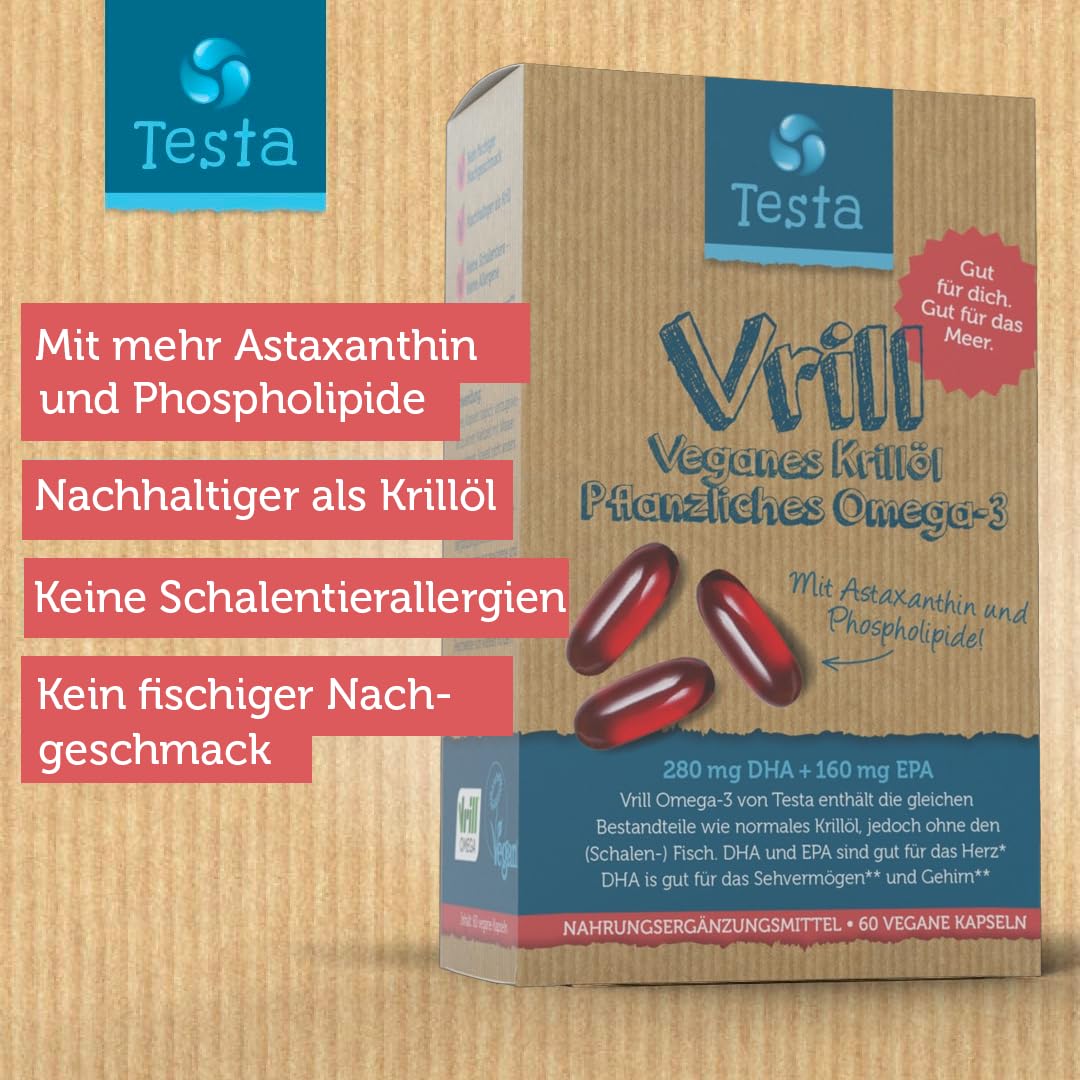 Pflanzliche Krillöl Kapseln - 2X mehr Omega-3 als Krill Öl - DHA 280mg, EPA 160mg, Astaxanthin 1500mcg + Phospholipide 230mg - Beste Absorption - Gut für Gehirn, Augen und Gelenken - 60 Kapseln (1)