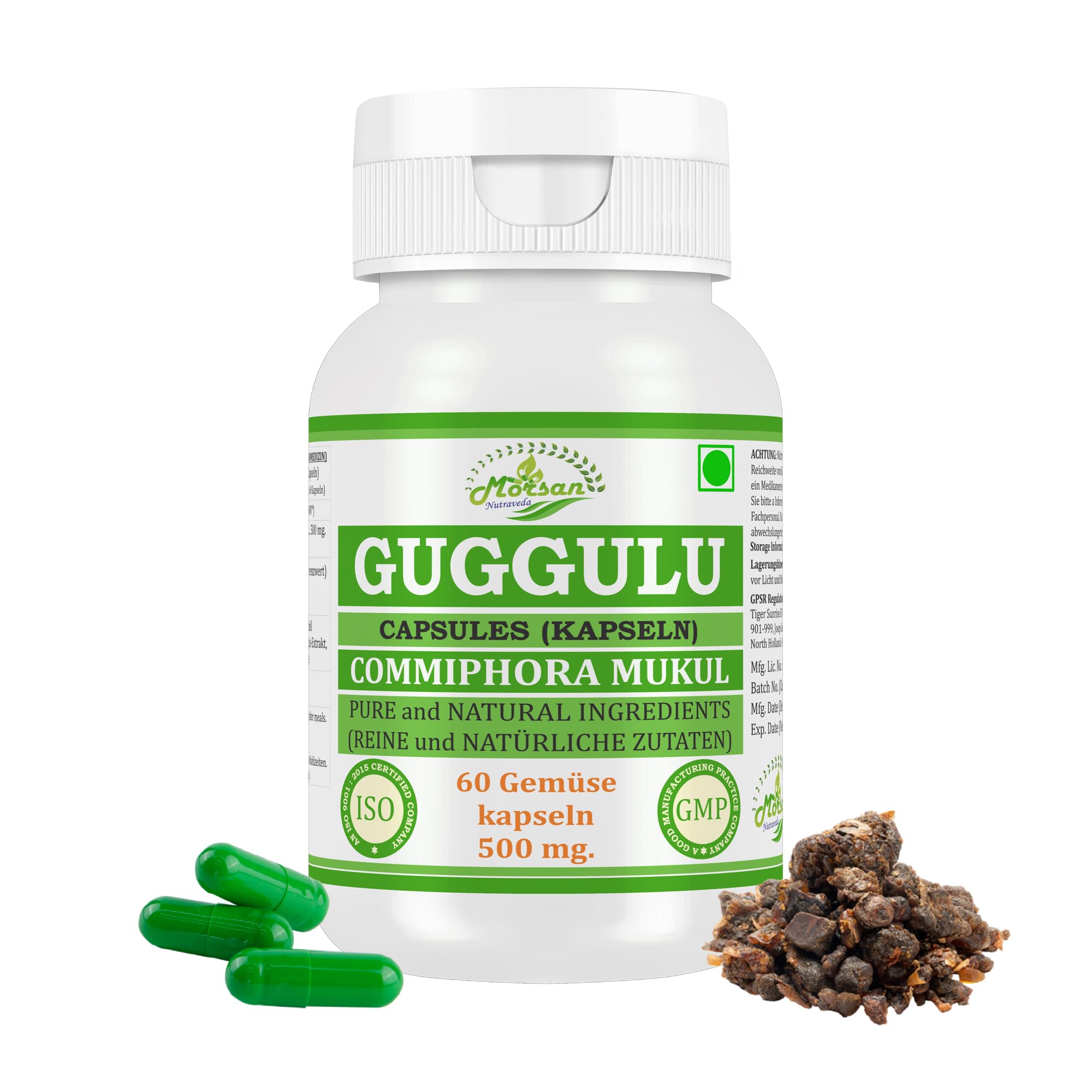 Guggulu (Commiphora Mukul) Capsules | 500 mg. - 10:1 Potent Extract | Ayurvedic Herbal Supplement | 60 Vegan Capsules for Men & Women (Pack of 1 Bottle)