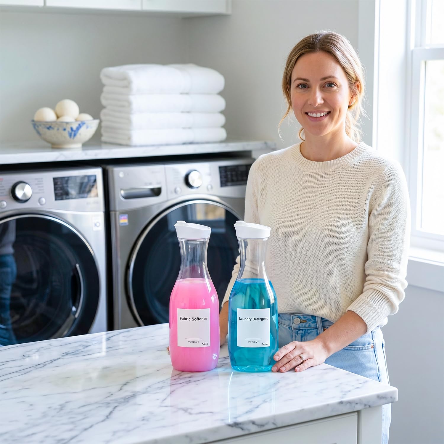 Dozownik detergentu do prania, dozownik mydła do prania, pojemnik i organizer na płynny detergent do prania, przezroczysty zmiękczacz do tkanin z tworzywa sztucznego i dozownik proszku do