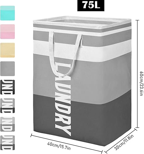 Miniatura 2 de Paquete de 2 cestas para la ropa sucia de 75 litros plegables e impermeables con asas de fácil transporte, cestas de ropa alta independientes para