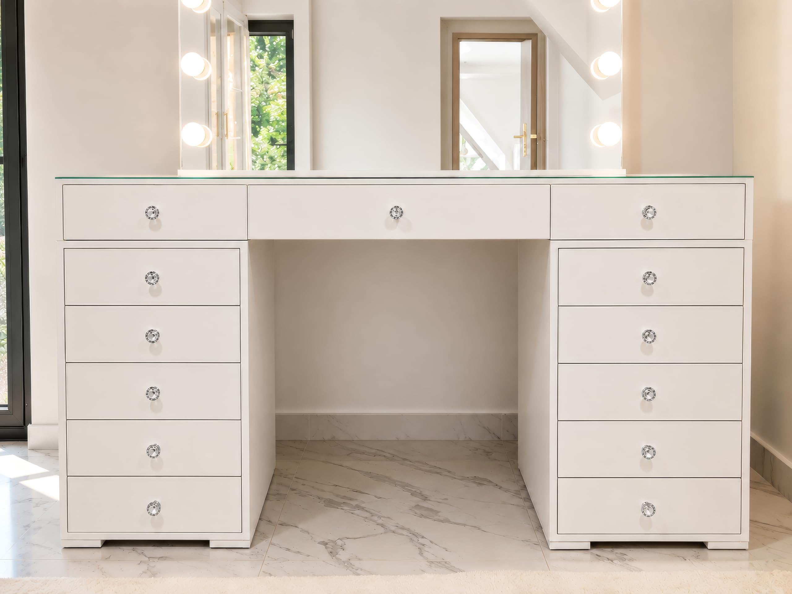 Générique Coiffeuse Vanity avec Miroir Lumineux LED Bluetooth USB – 13 tiroirs – Blanc