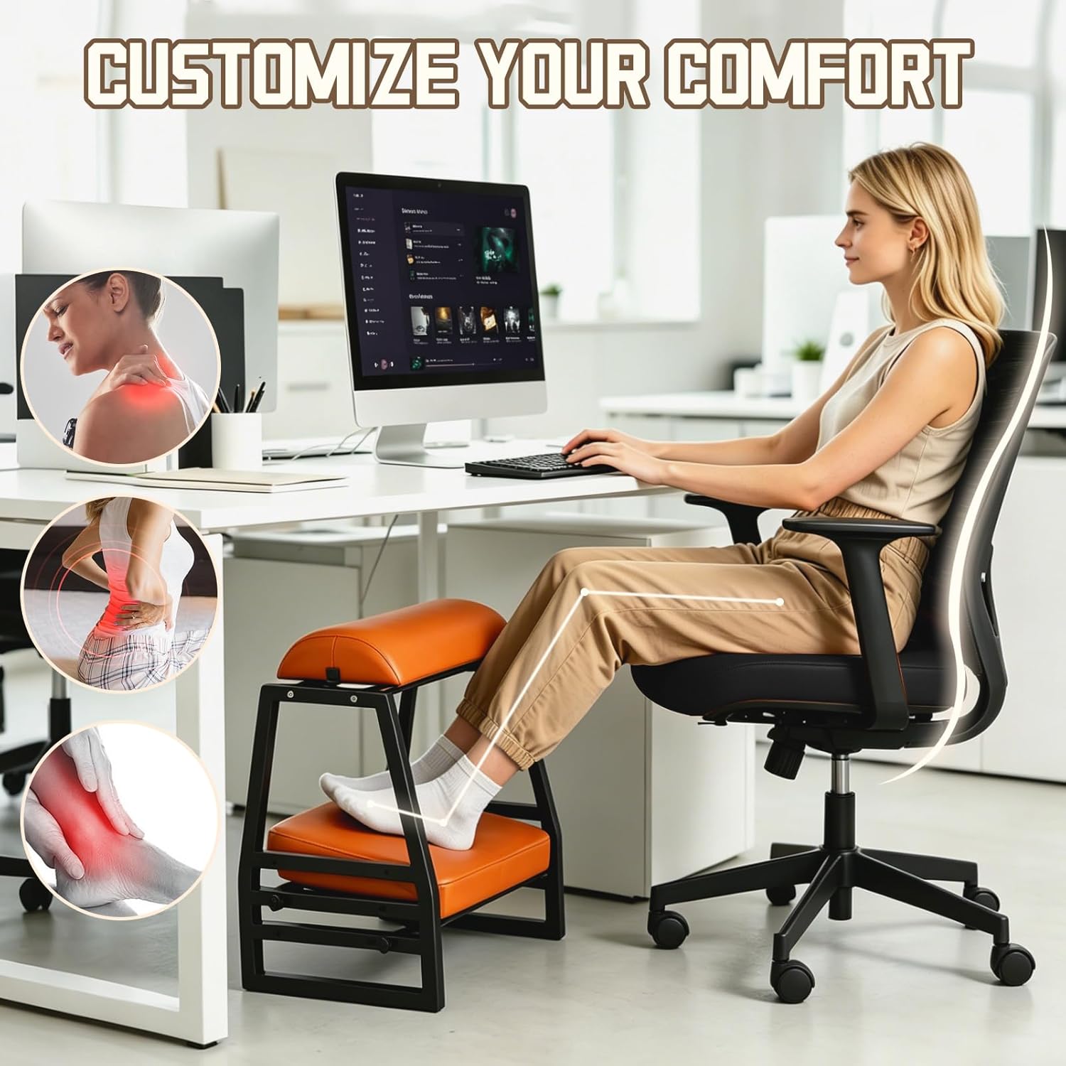 Adjustable Double Step Footrest Under Desk,9-Angle Double Step Foot Stool for Office & Home, Ergonomic Foot Support with Non-Slip Pads- Orange