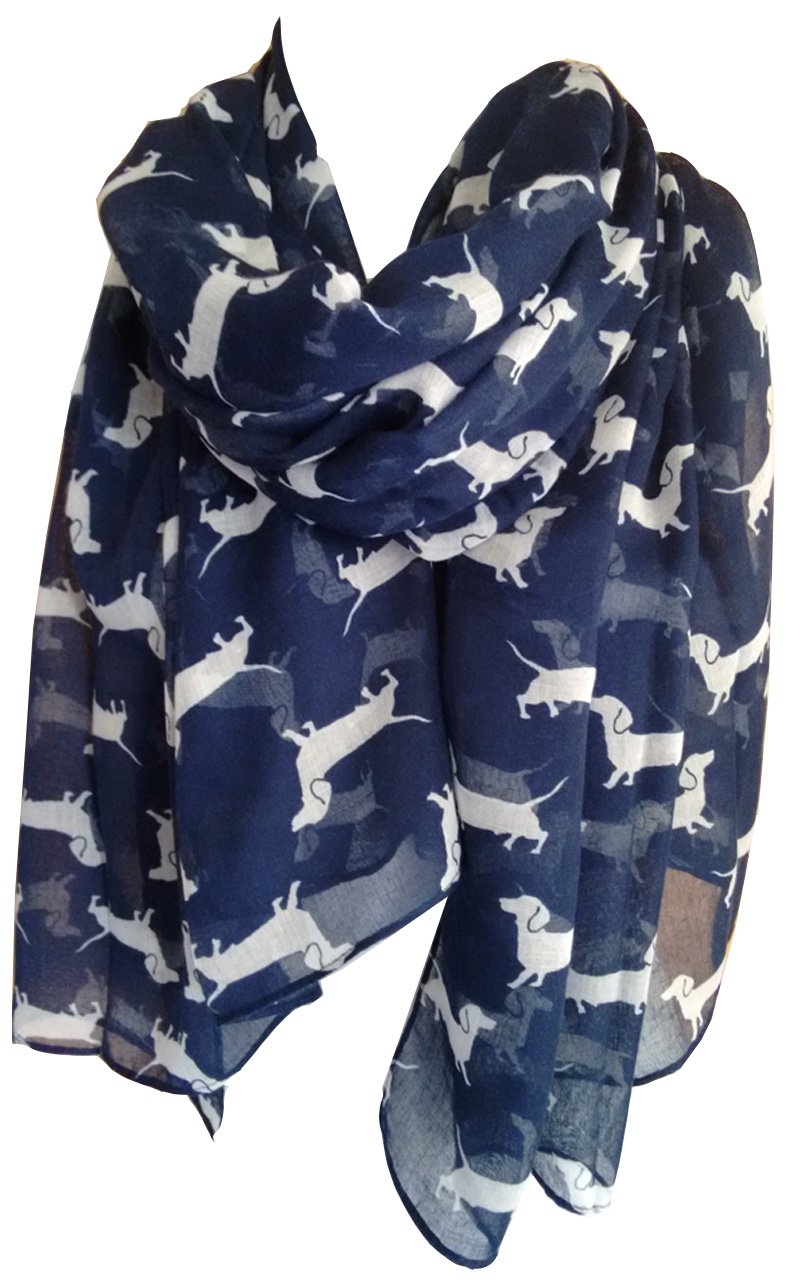 Dachshund Print Scarf, Mini Sausage Dogs, Animal Womens Ladies Long Big Puppies GlamLondon Wrap (Navy Blue -P01D)(Size:L)