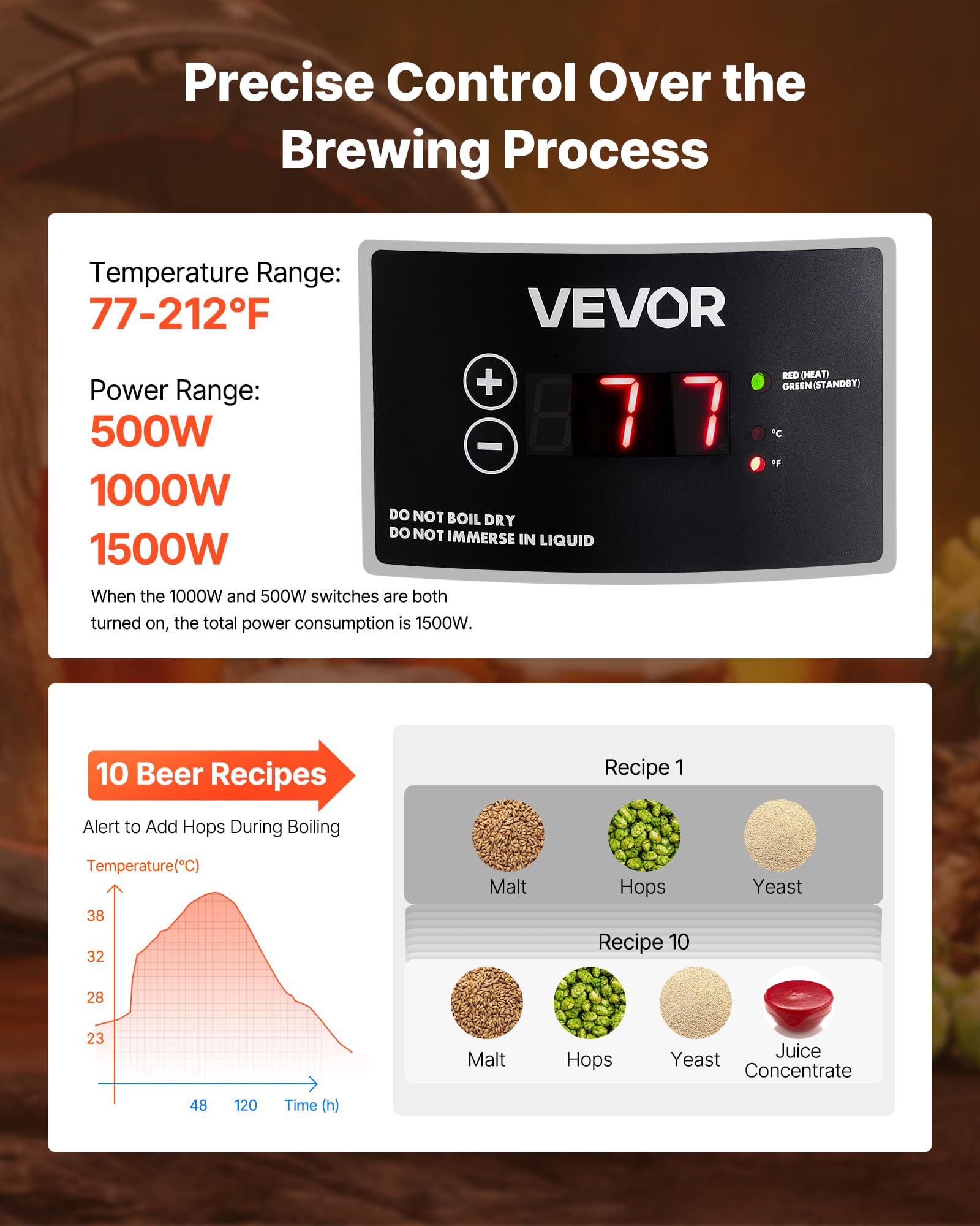 VEVOR Sistema di Attrezzatura Elettrica per Produzione di Birra, Bollitore per Birra 30 litri Uso Domestico, Cuocitore di Mosto con Canna Interna Maniglia Rubinetto, Kit Utensili per Homebrewing