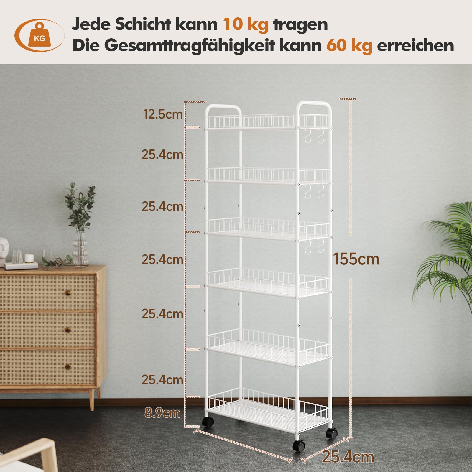 HAUSPROFI Küchenregal Schmal, 6 Etagen Regal mit Rollen, 4 Abschließbaren Rädern und Fußpolstern, 6 Haken, Griff und Korb, für Enge Räume wie Küche, Badezimmer usw., Weiß (58,0 × 25,4 × 155,5 cm)