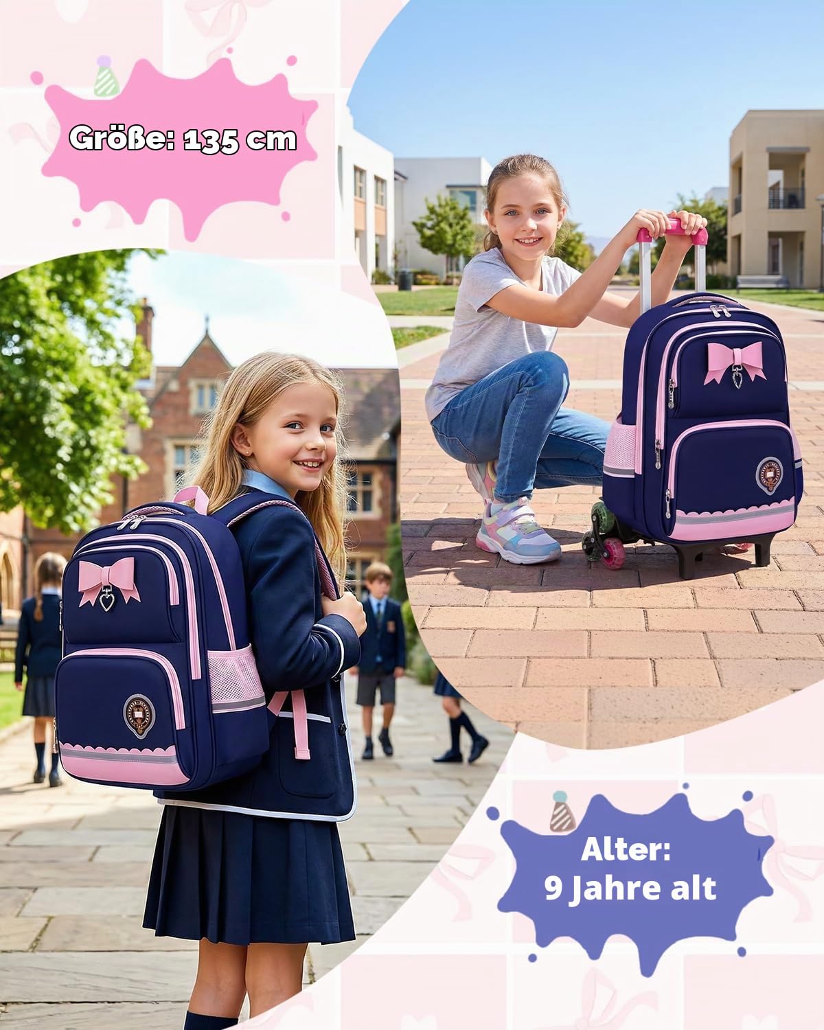 Amythe Schulranzen mit Rollen für Mädchen, Schulrucksack 1.-5. Klasse Blau | Trolley-Schultasche Mädchen 6 Räder, Wasserdichter Rucksack Kinder mit Reflektoren für Grundschule 6-10 Jahre, Schulstart