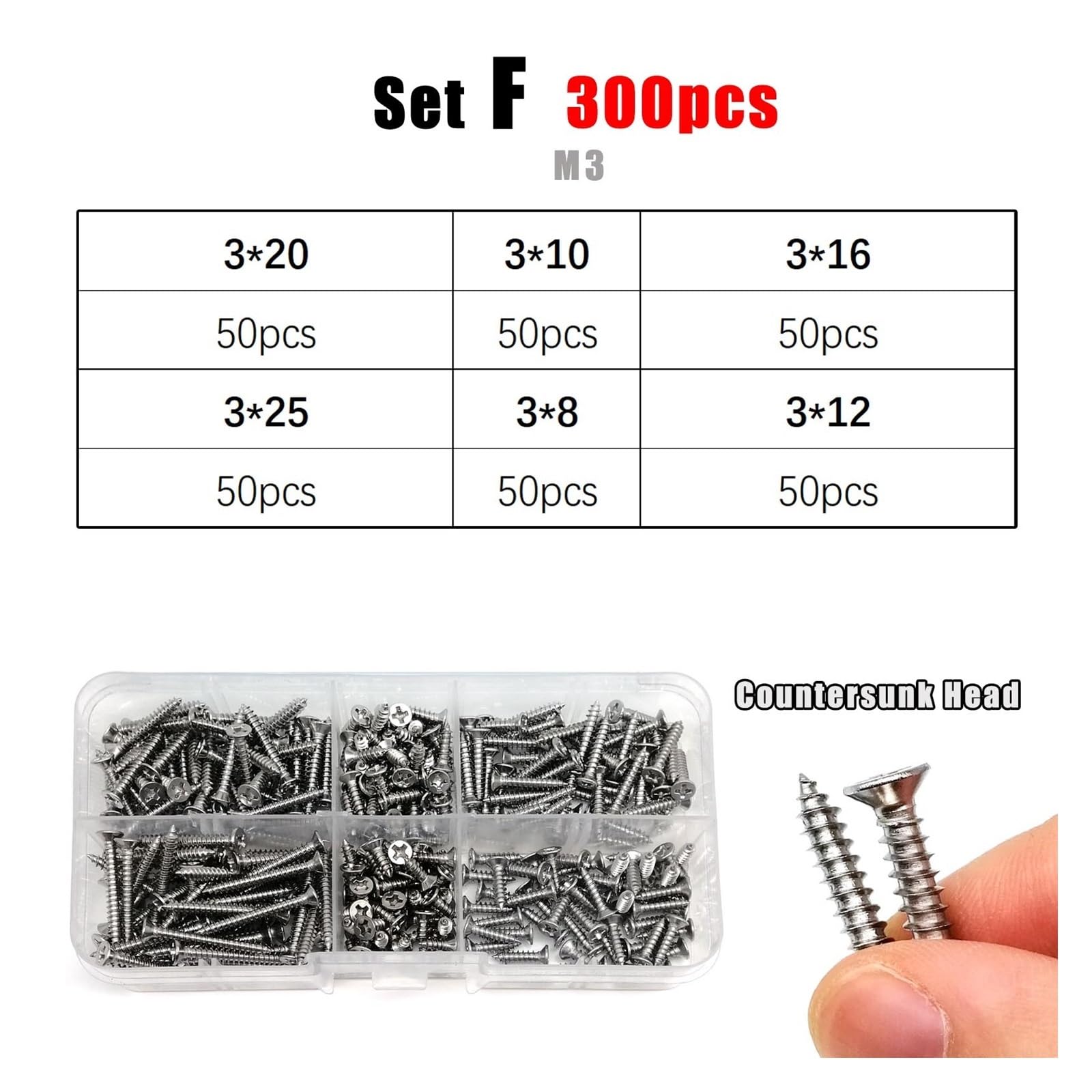 1 caja Mini juego de mezcla de tornillos autorroscantes de cabeza avellanada plana de acero inoxidable 304(M3)