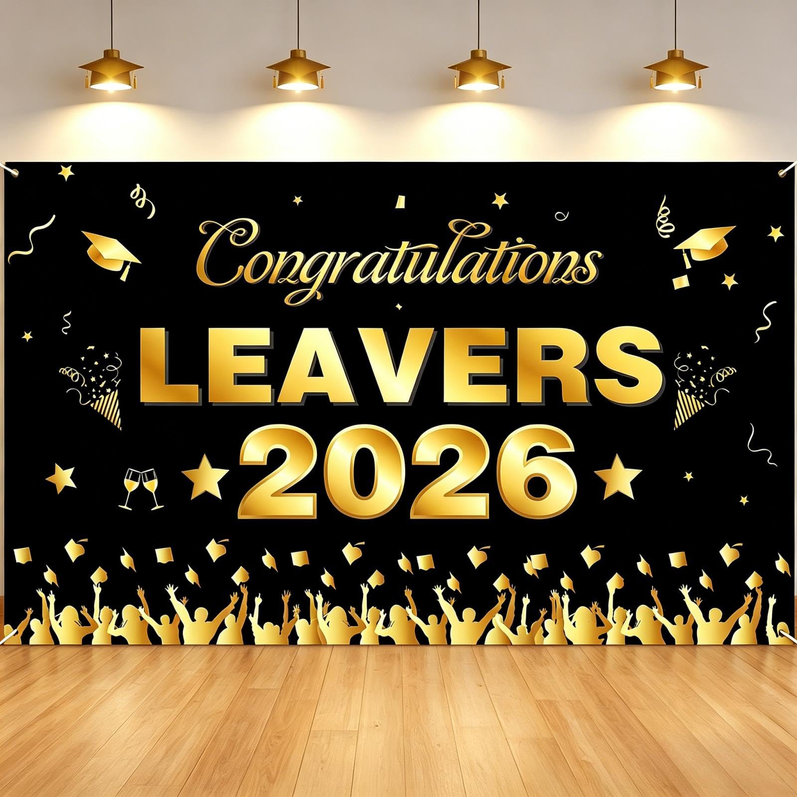 Graduation Decorations - Congratulations Leavers 2026 Backdrop Banner, Black Gold Graduation Photo Booth Background, 2026 School Leavers Party Decorations for Prom College High School