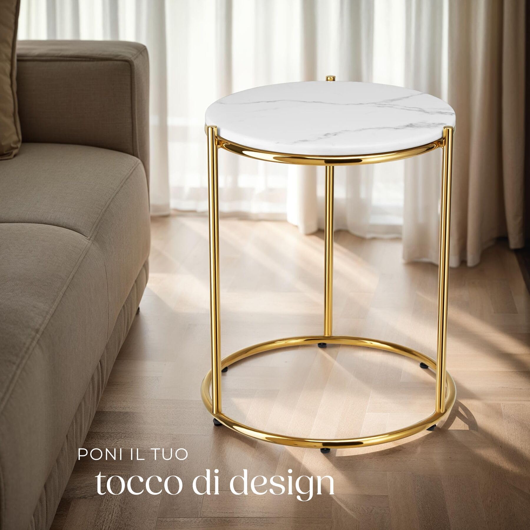 tectake® tavolino salotto in marmo, base in metallo, tavolino da caffè, tavolo basso rotondo, tavolino basso in marmo moderno per salotto, soggiorno,metallo, design, tavolo da balcone - Bianco/Oro