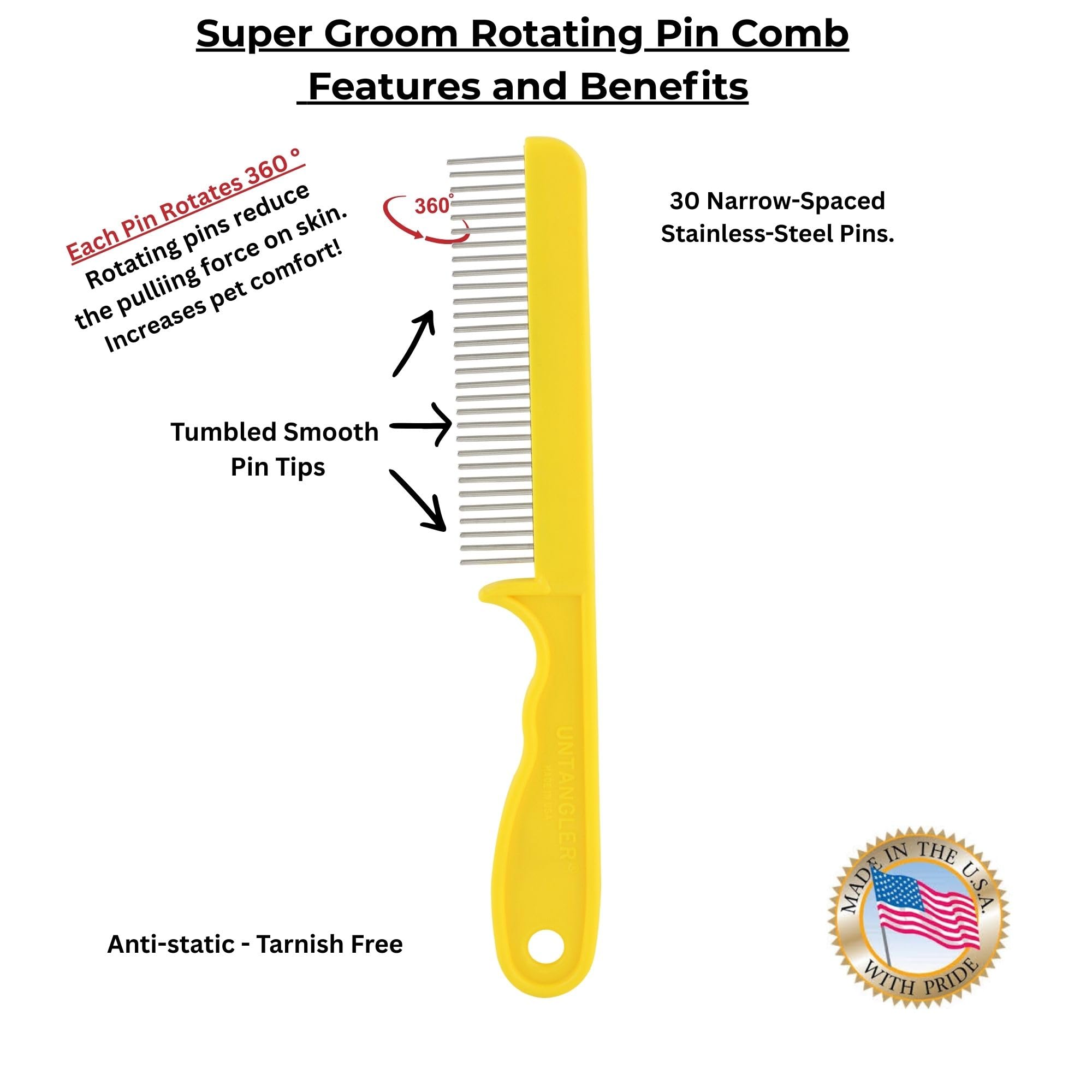 Peines Super-Groom con dientes giratorios suaves para una extracción de alfombrilla sin dolor (30 dientes finos espaciados, amarillo sol)