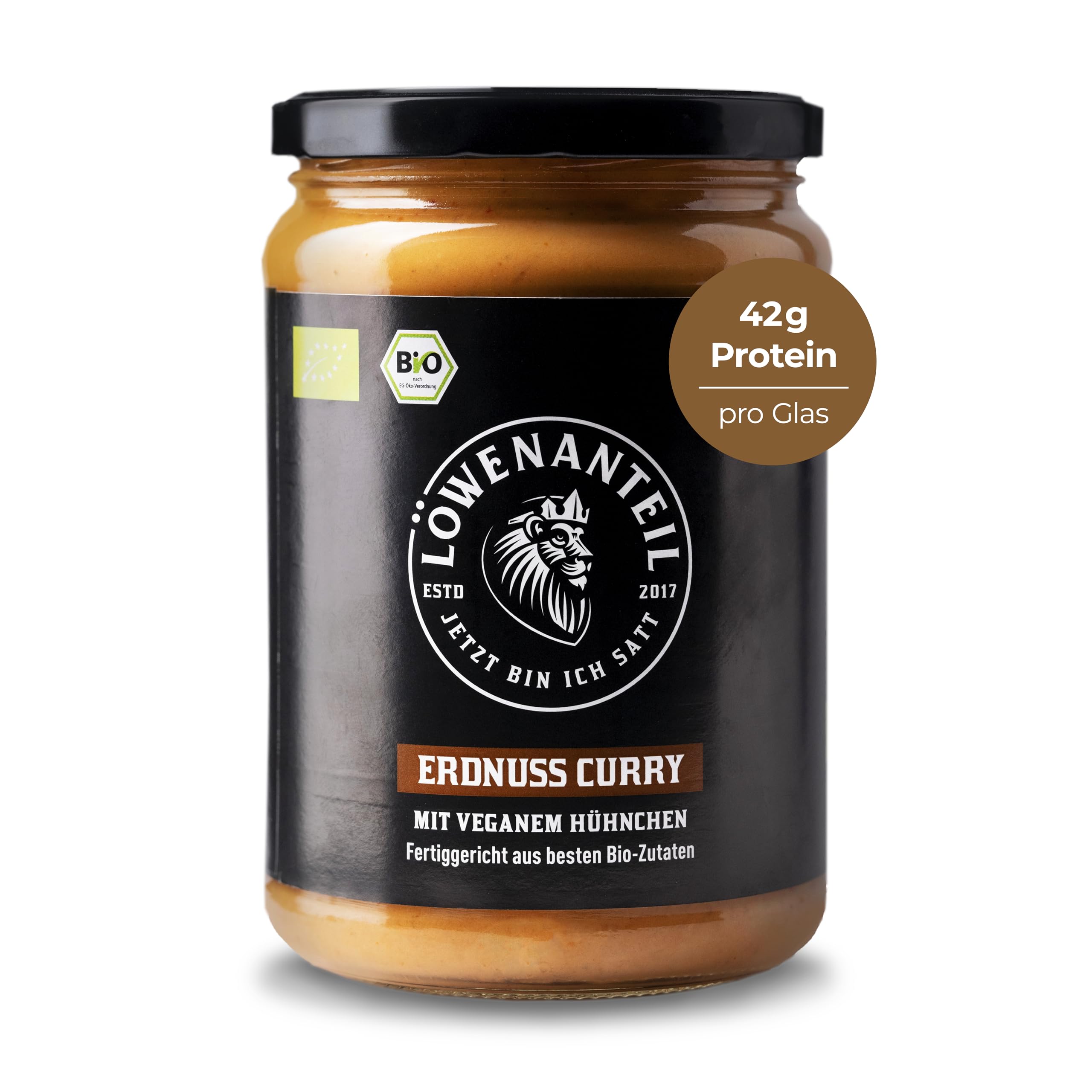 Löwenanteil - 100% Bio-ERDNUSS CURRY - 570g Glas - Proteinreiches Bio-Fertiggericht mit veganen Hühnchen & cremiger Erdnussbutter - Eintopf ohne Zuckerzusatz & Glutenfrei