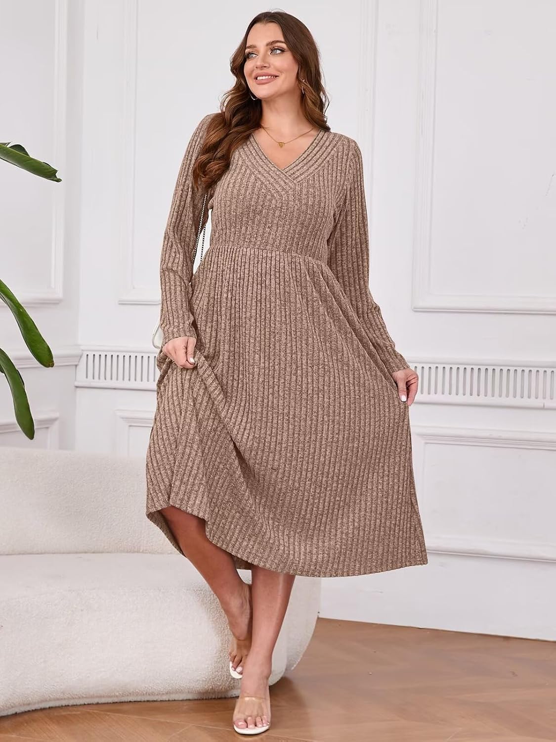 BELAROI Plus Size Maxi Sweater Dresses for Curvy Women Long Sleeve Midi Fall Winter V Neck - Image 6