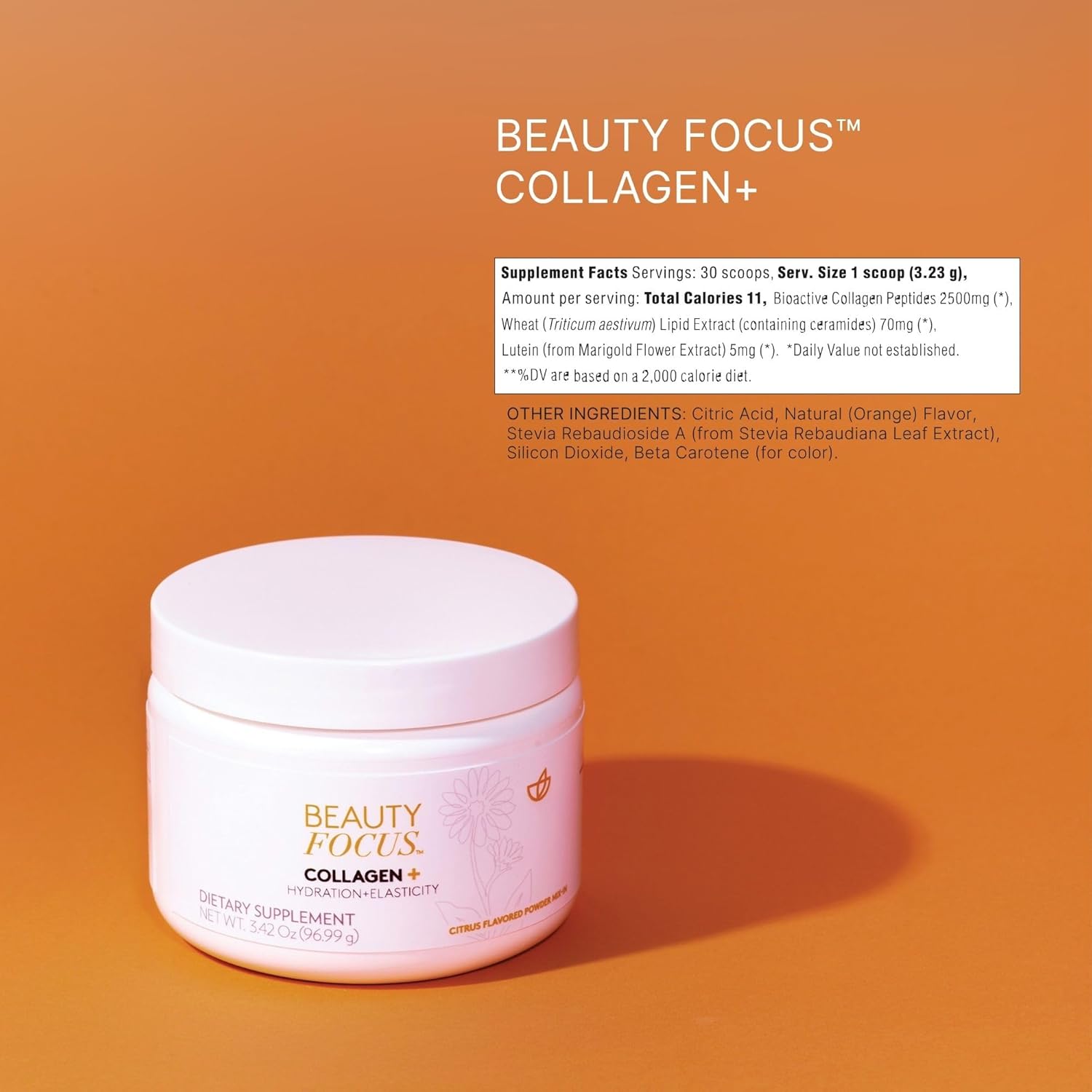Beauty Focus Nu Skin Collagen+ Powder Mix-in | Citrus-Flavored Collagen Peptides with Lutein & Acerola Cherry | Supports Skin Elasticity, Tone & Texture | 30 Servings