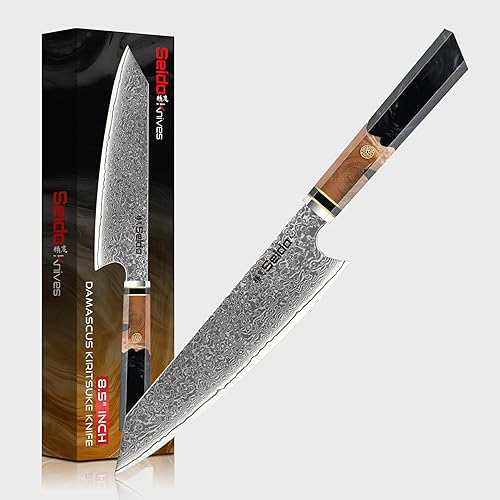 Miniatura 9 de Seido Knives Kiritsuke - Cuchillo de chef de acero Damasco, mango de madera estabilizado con resina epoxi, cuchillo de cocina profesional VG10, Rojo