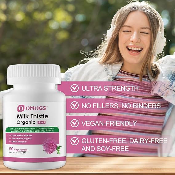 Organic Milk Thistle, Herbal Liver Support Milk Thistle Supplement, with Dandelion Root, Glutathione, Berberine HCL &Turmeric, Support Liver Cleanse Detox & Repair, 90 Capsules