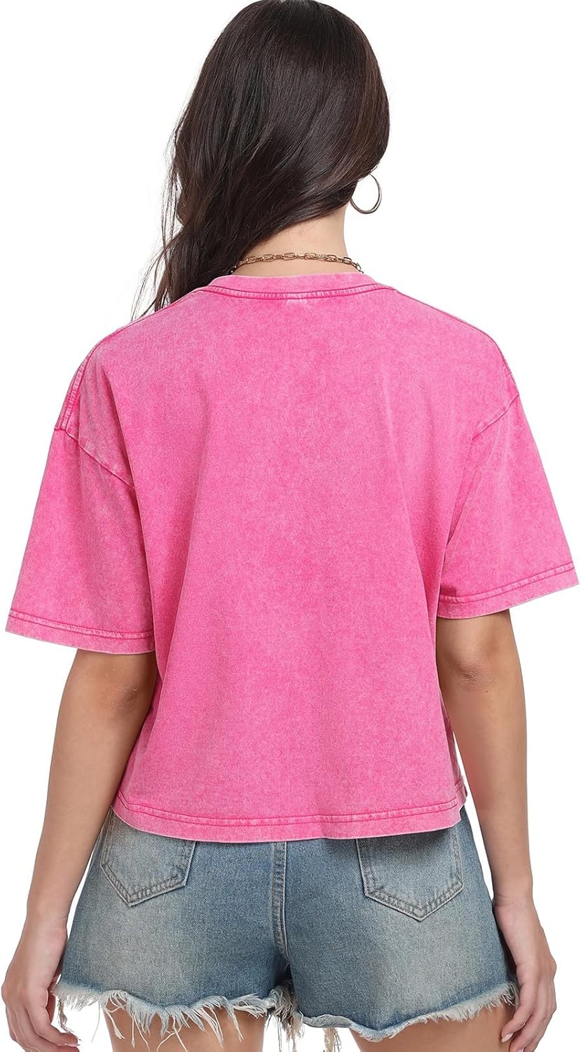 Womens Cropped Tops Acid Wash Short Sleeve T-Shirt Baggy Cotton Tee Vintage Round Neck Basic Tees Casual Shirts - Image 6