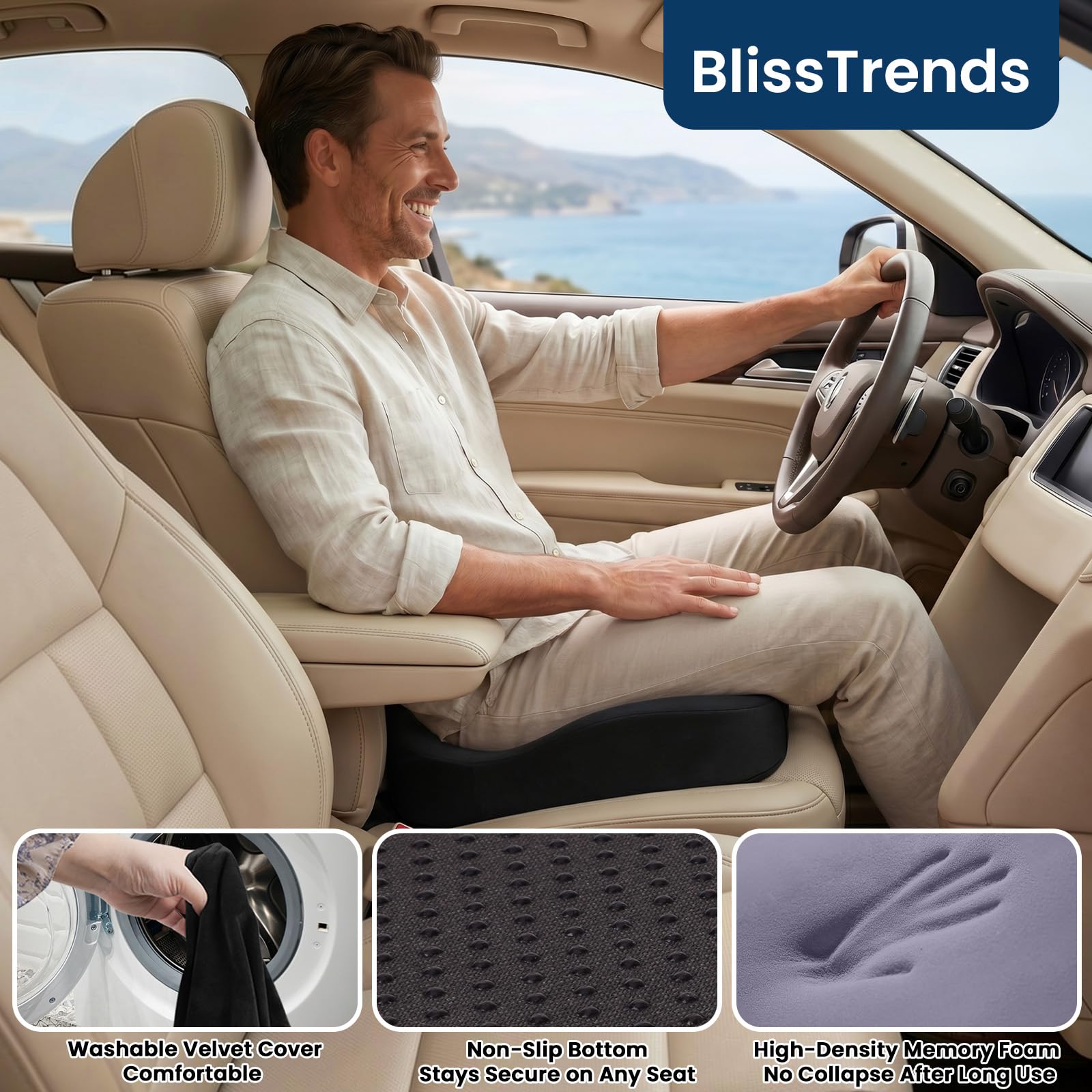BlissTrends Cojín de asiento con funda de terciopelo, cojines gruesos de espuma viscoelástica para silla de oficina, asiento de coche, avión, alivio de la presión, coxis, ciática, dolor de espalda