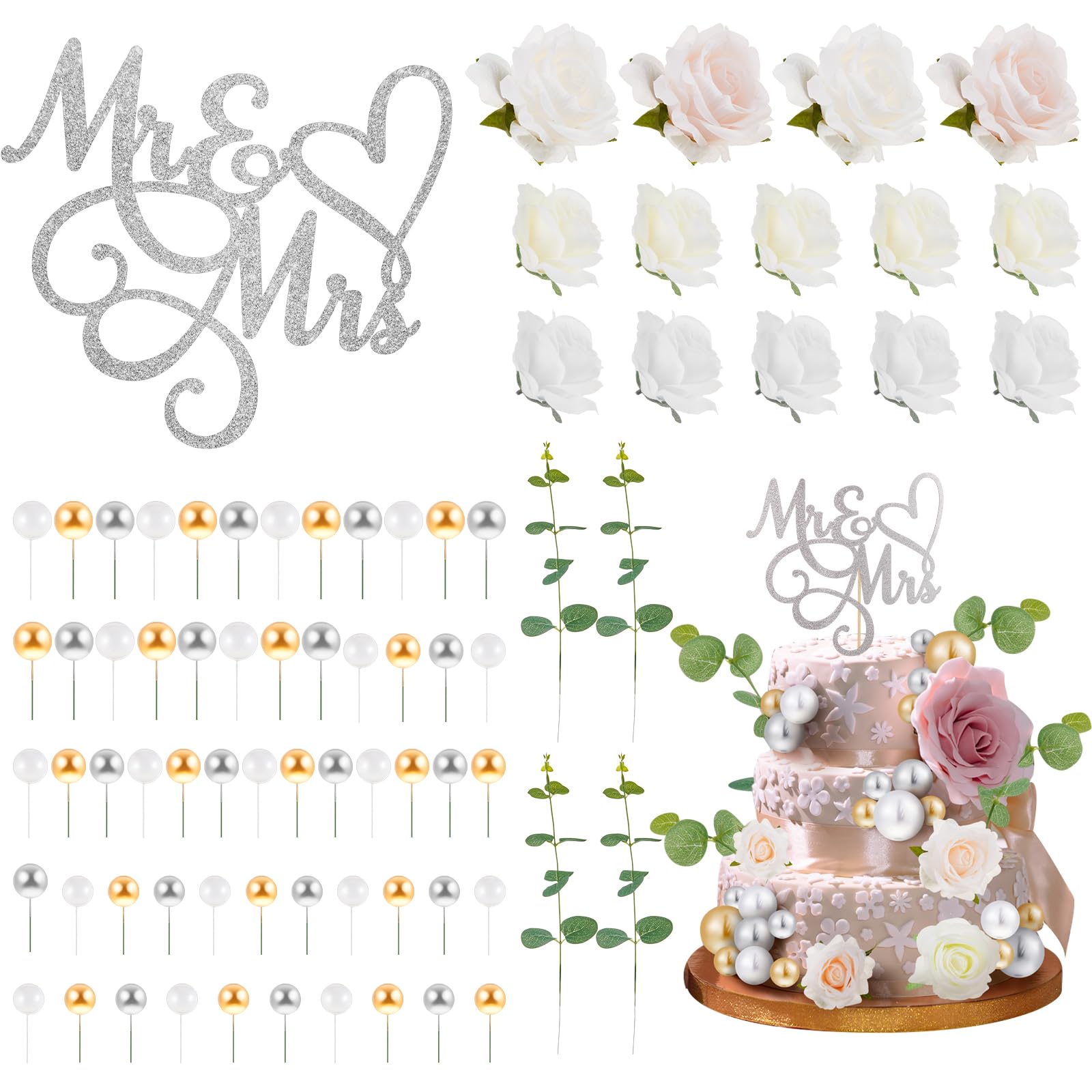 Maysing 79 Pcs Wedding Cake Topper Decorations Mr and Mrs Cake Topper Decoration Mini Balloons Cake Topper Sticks Artificial Rose Eucalyptus for Wedding Party Celebration Birthday Cake Supplies