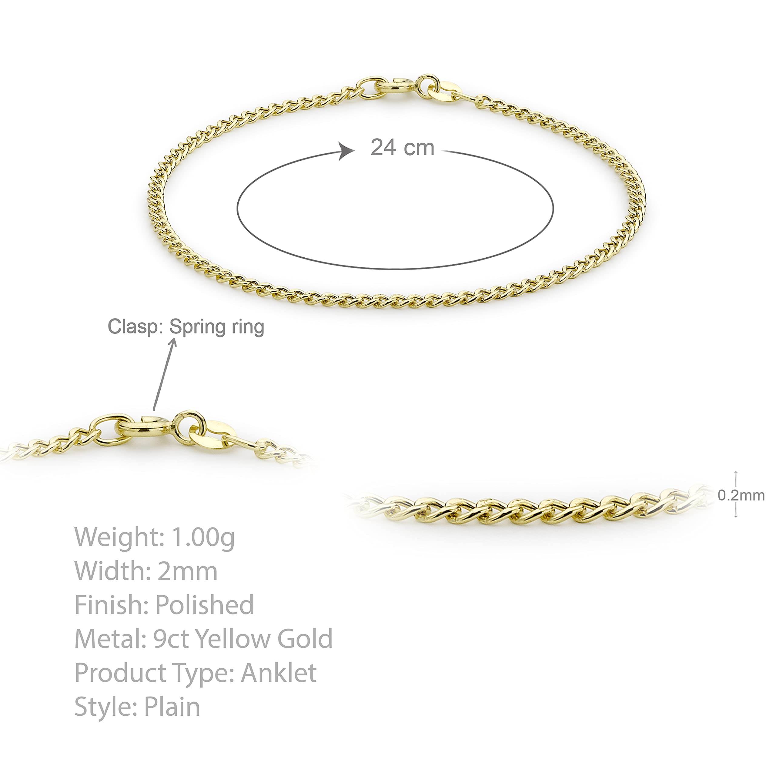 Carissima Pulsera tobillera de mujer con oro amarillo de 9K (375/1000), 24 cm