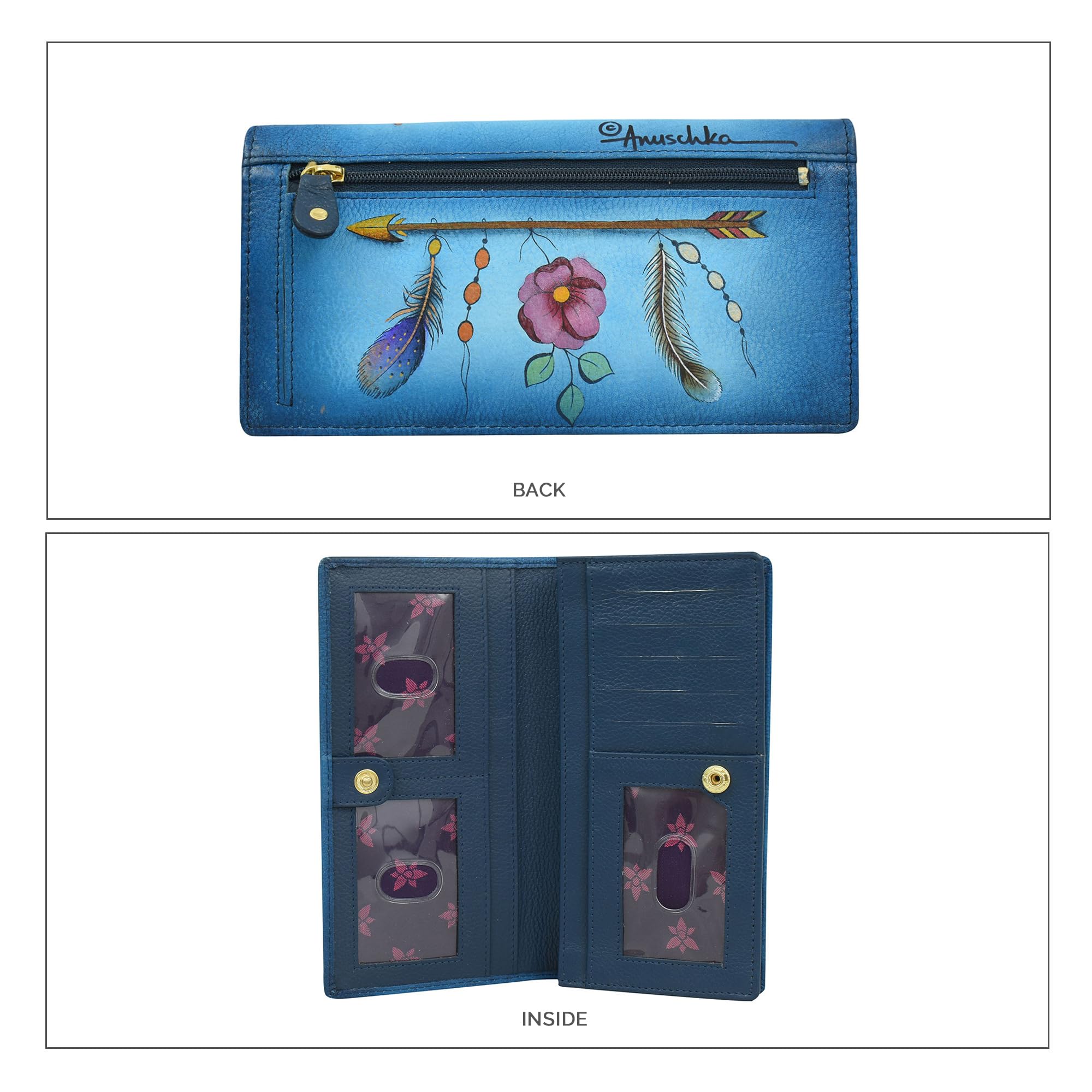 Anuschka Pochette da donna in vera pelle dipinta a mano con blocco RFID