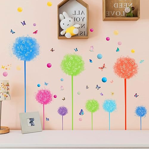 Juego de 2 calcomanías de pared de flores silvestres de diente de león, calcomanías de arte para pared, diseño de mariposas florales, decoración