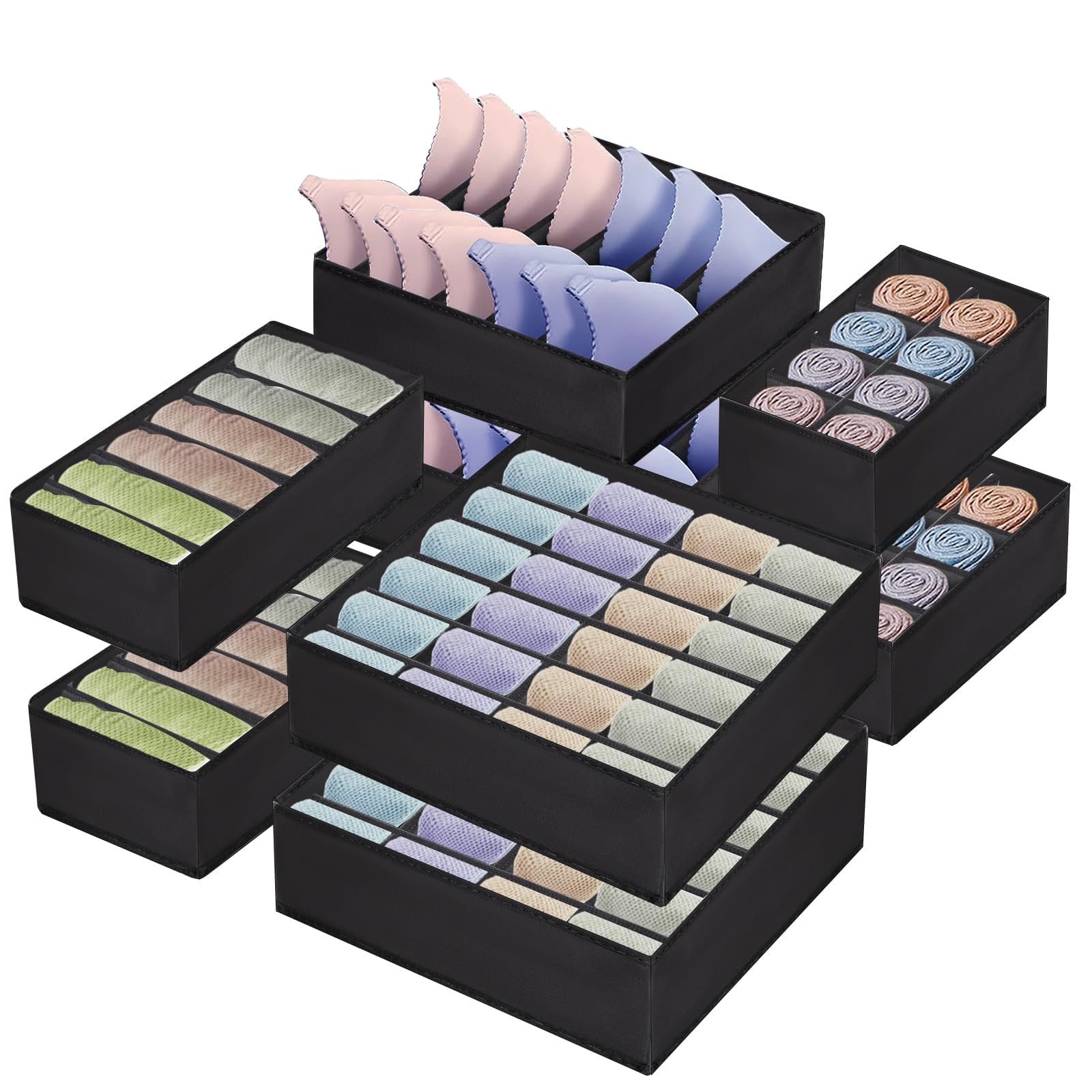 Juego de 8 Organizadores para Cajones de Ropa Interior, Organizador de Armario con Compartimentos, Caja de Almacenaje Plegable No Tejidos para Calcetines Corbatas Bufandas Negro