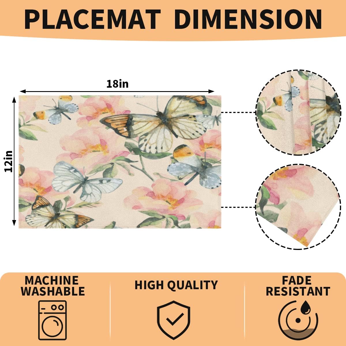 Butterfly Floral Painting Placemats Set of 6 18x12 Inch - Protect Your Table in Style with These Heat-Resistant & Easy-to-Clean Mats
