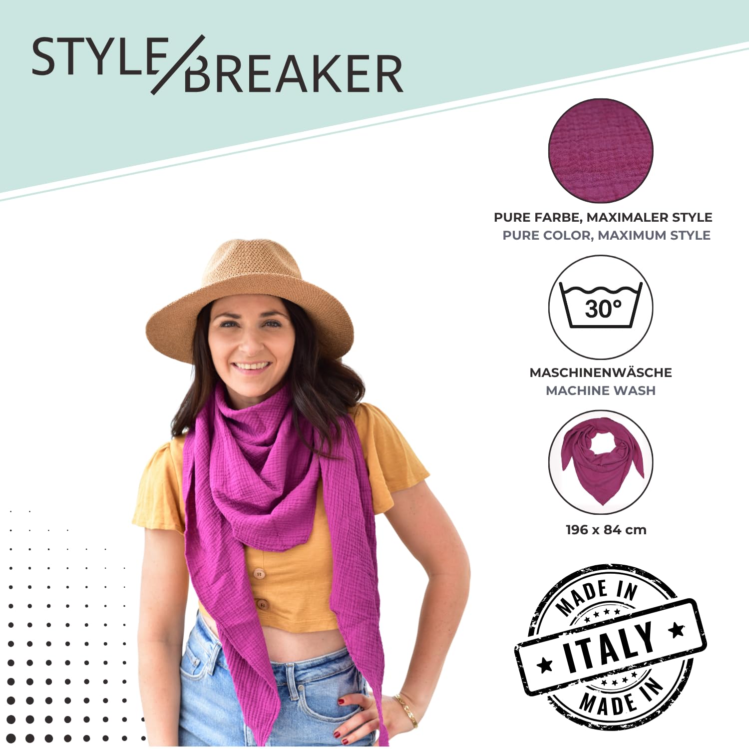 styleBREAKER pañuelo triangular de muselina para mujer hecho de algodón | pañuelo de cuello liso, suave y ligero | pañuelo con estilo para todo el año - Hecho en Italia, 196 x 84 cm
