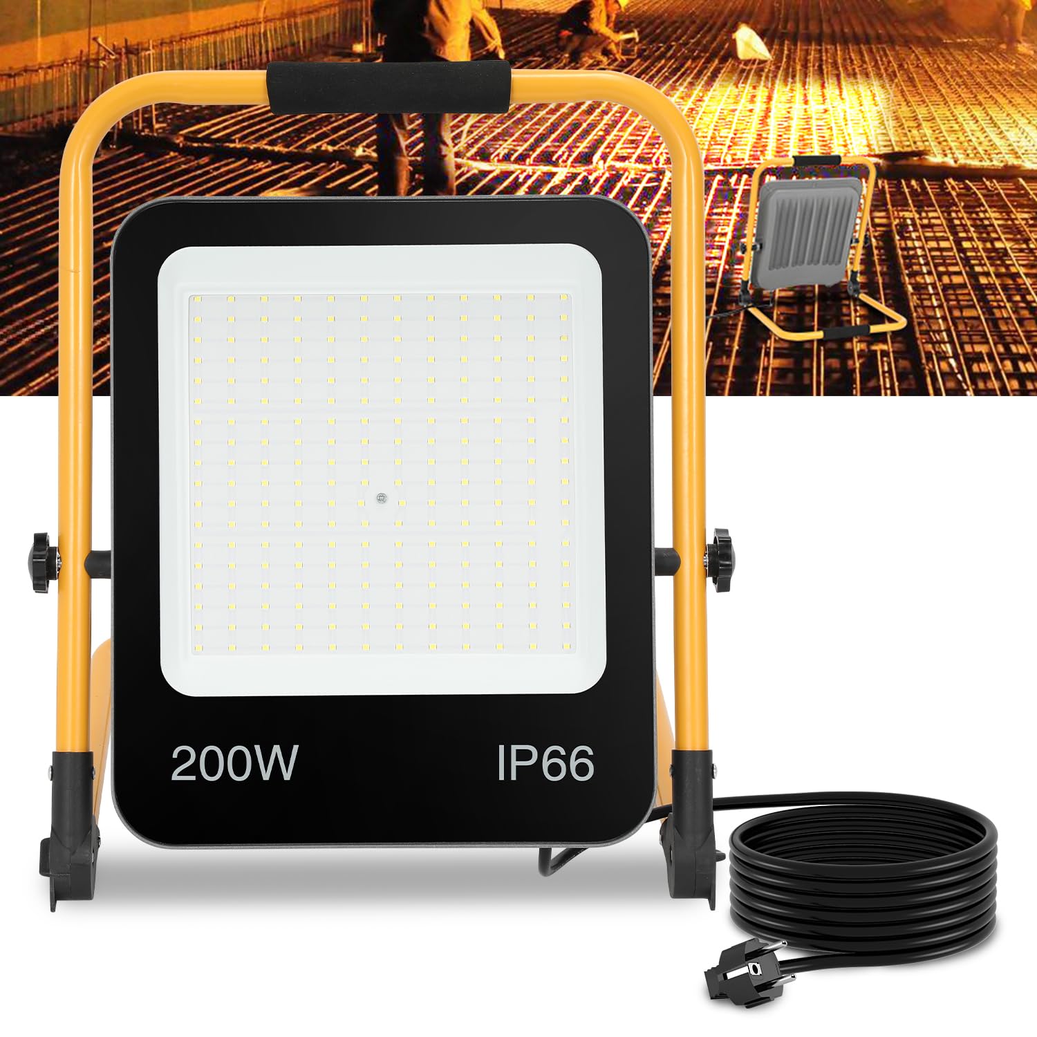 LED Baustrahler 200W 16000LM, arbeitsleuchte LED akku 6000K Tageslichtweiß, LED baustellenlampe mit Stecker, baustellenlampe mit 3M Kabel und Wasserdicht IP66