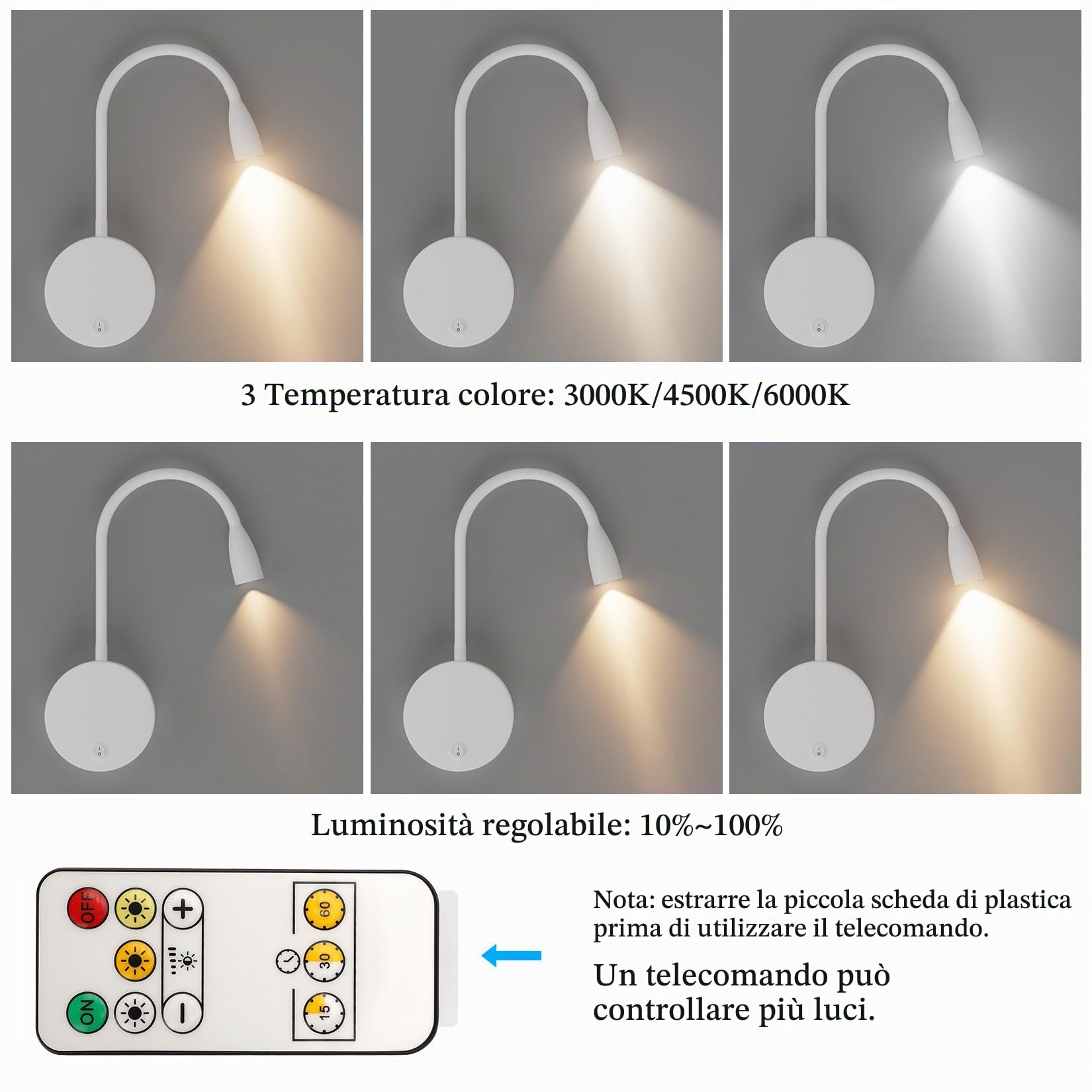 Klighten 2 Pezzi Lampada da Lettura Parete Senza fili Dimmerabile con Telecontrollo, Batteria 2W LED Luce da Lettura da Comodino, Faretto Lettura Ricaricabile USB, 200LM, 3000/4500/6000K, Bianco