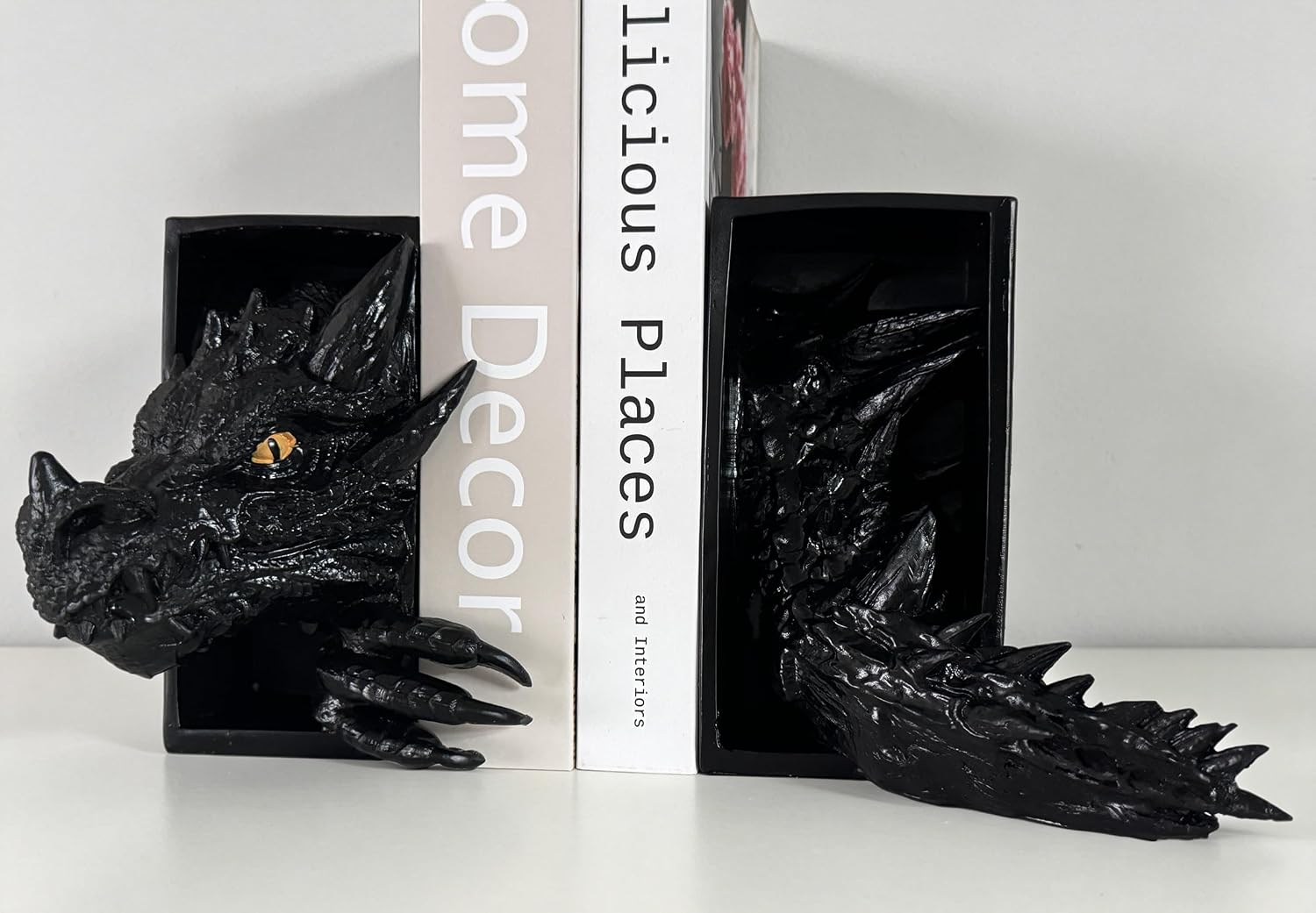 3D Dragon Bookends for Shelves Fantasy Book Nook Insert 2Pcs Gothic Fantasy Bookshelf Decor (Retro Gold- Head and Tail)