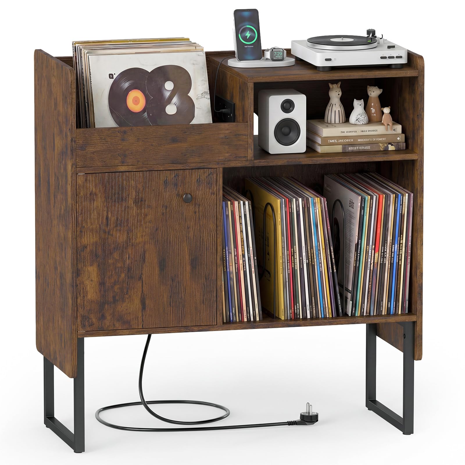COSTWAY Mobile Giradischi con Stazione di Ricarica, Supporto Porta Vinili e Dischi, Tavolino con Armadietto e Scomparti Aperti, Stile Vintage, in Legno e Metallo, 80 x 35,5 x 85,5 cm