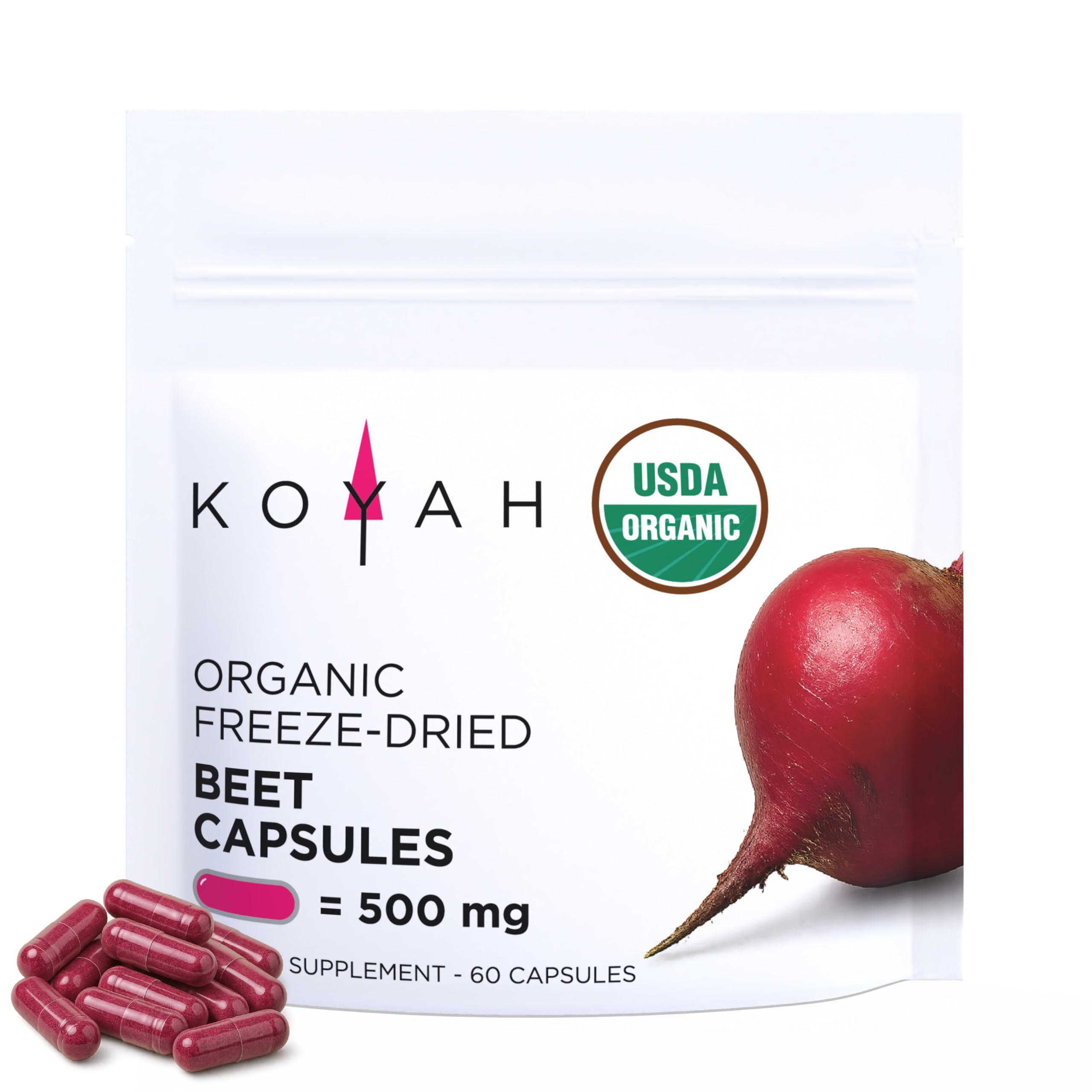 KOYAH - Organic Beet Capsules, Freeze-Dried: 60 Capsules | 500 mg per Capsule, Whole Beet Root