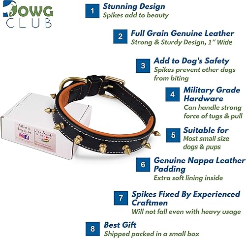 Miniatura 3 de DowgClub  Collar de perro con pinchos de cuero genuino, grano completo, resistente, cómodo, fuerte, mejor para razas medianas, grandes, XL  2