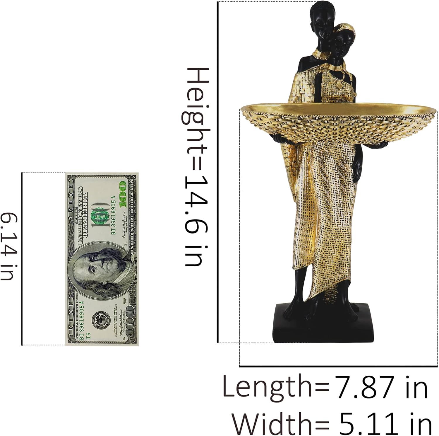 Handmade African Couple Sculpture - Gold Tribal Standing Figure with 7.8" Basket, Resin Home Decor for Shelves/Tables, Cultural Gift for Small Items (14.5" H)