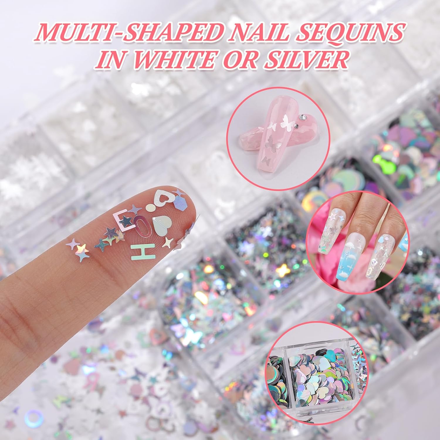 10 Boxes Holographic Nail Glitter Sequins Kit,Mixed Shape Iridescent Laser Butterfly Heart Star Maple Leaf Cherry Blossoms Sakura Petal Nail Art Flakes with Tweezers & Dotting Tools for Nail Craft