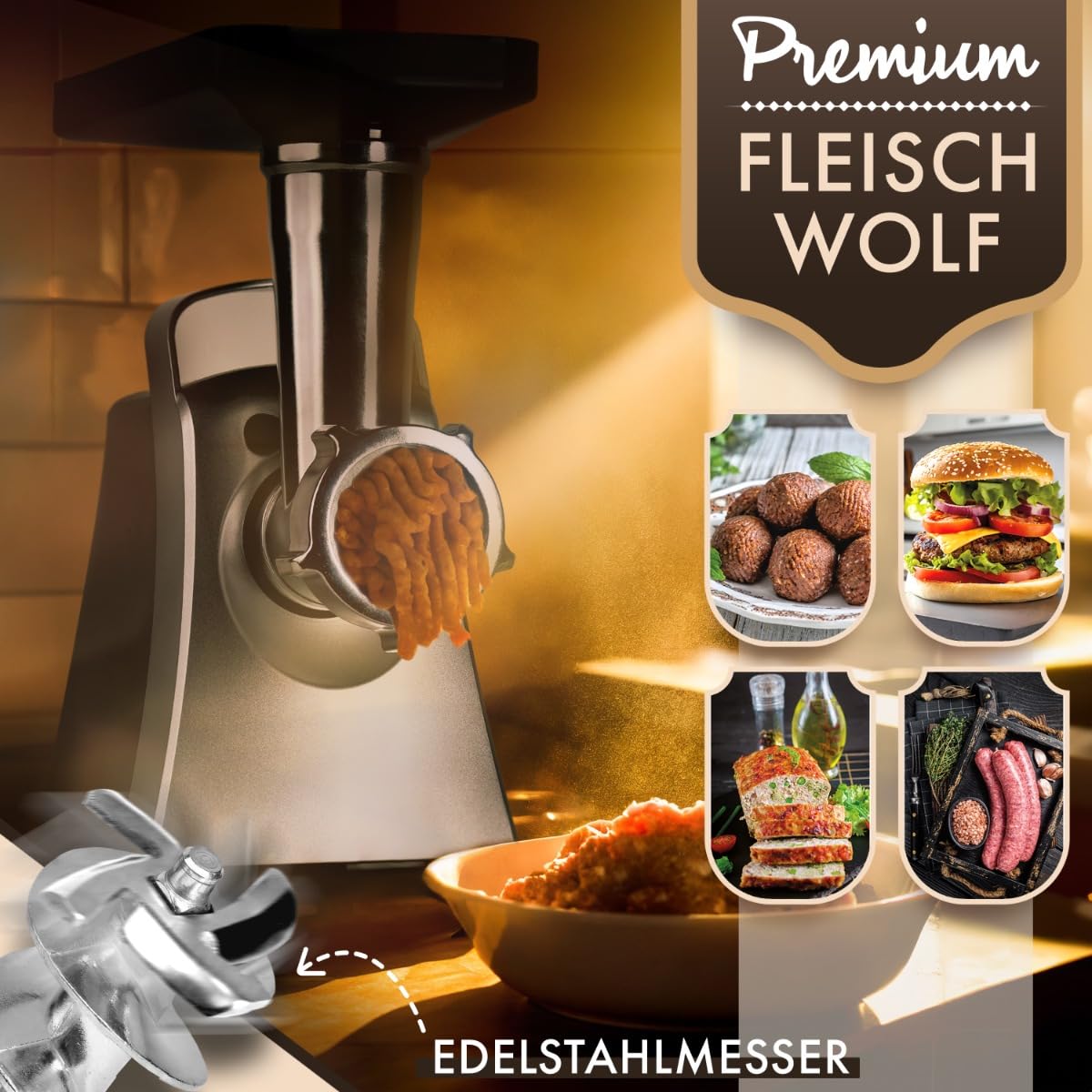 Clatronic® Fleischwolf 1000W Mit Aufsatz für Plätzchen & Spritzgebäck | 3 Metall-Scheiben | Vor-/Rücklauf | Wurstfüller | Metall-Hals u. Schnecke | FW 3803