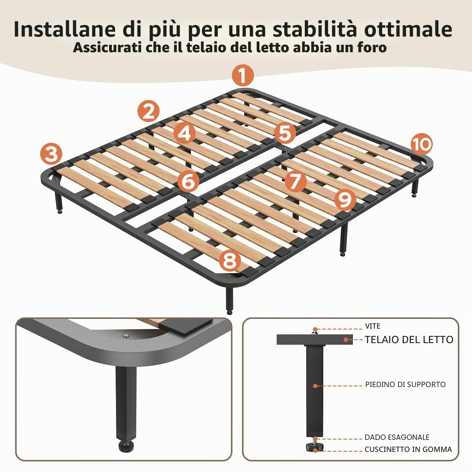 4 Pz Piedi Letto 30 cm da Avvitare, Gambe Regolabili in Metallo, Piedini per Doghe con 4 Cuscinetti Antiscivolo & Cacciavite (30-32cm)