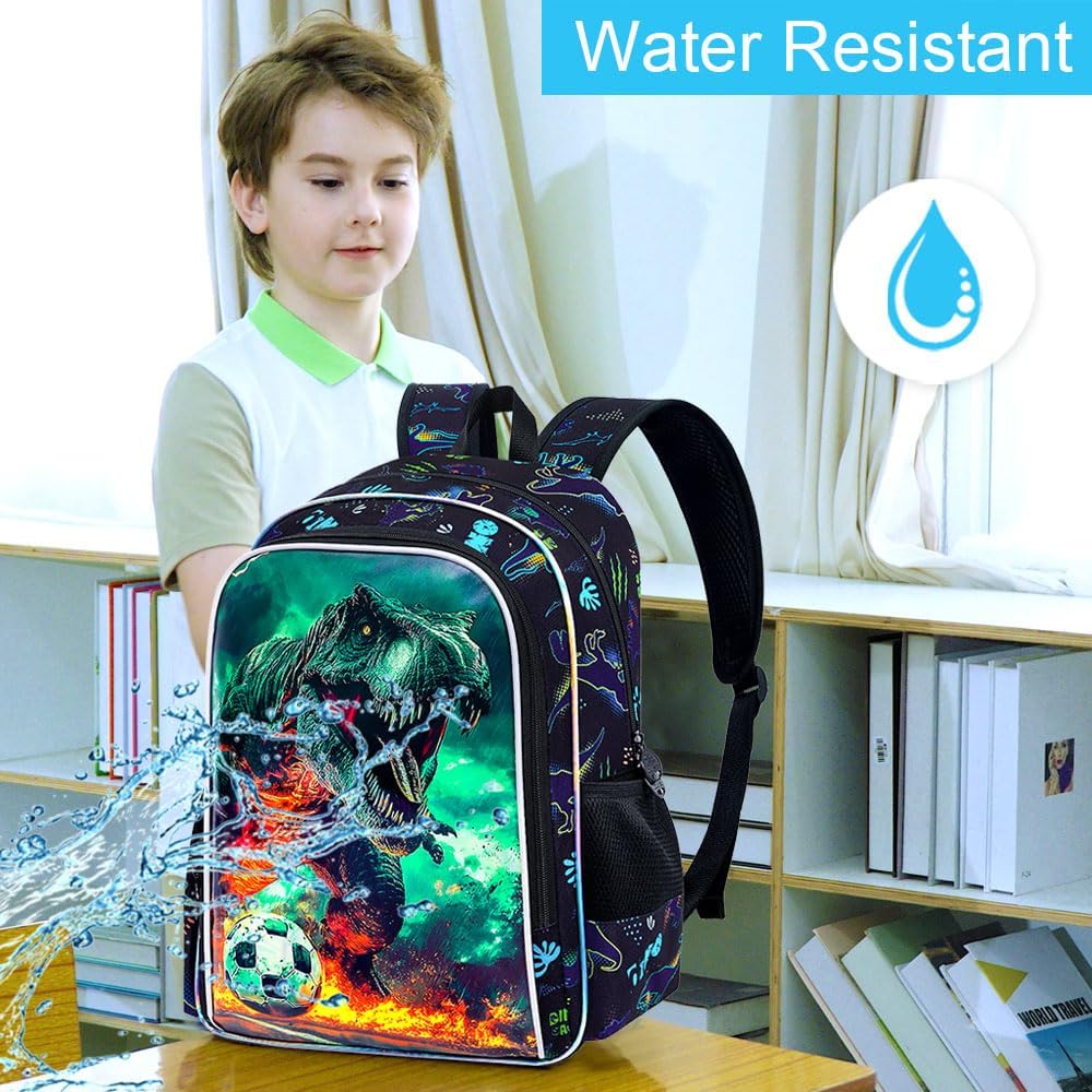 KLFVB 3PCS Boys Dinosaur Backpack Set, Water Resistant 16" Preschool Bookbag for Kids with Lunch Box - Soccer Dinosaur
