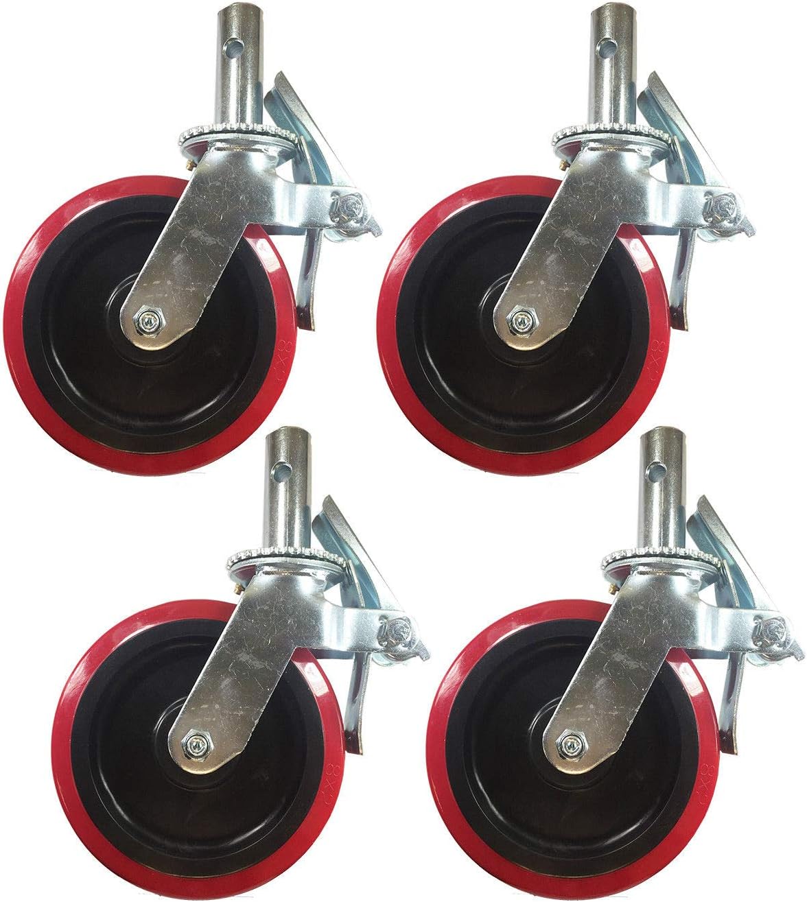 Scaffold Caster 8" x 2" Red PU Wheel Locking Brake 1-3/8" Stem 3800 lbs 4 pcs