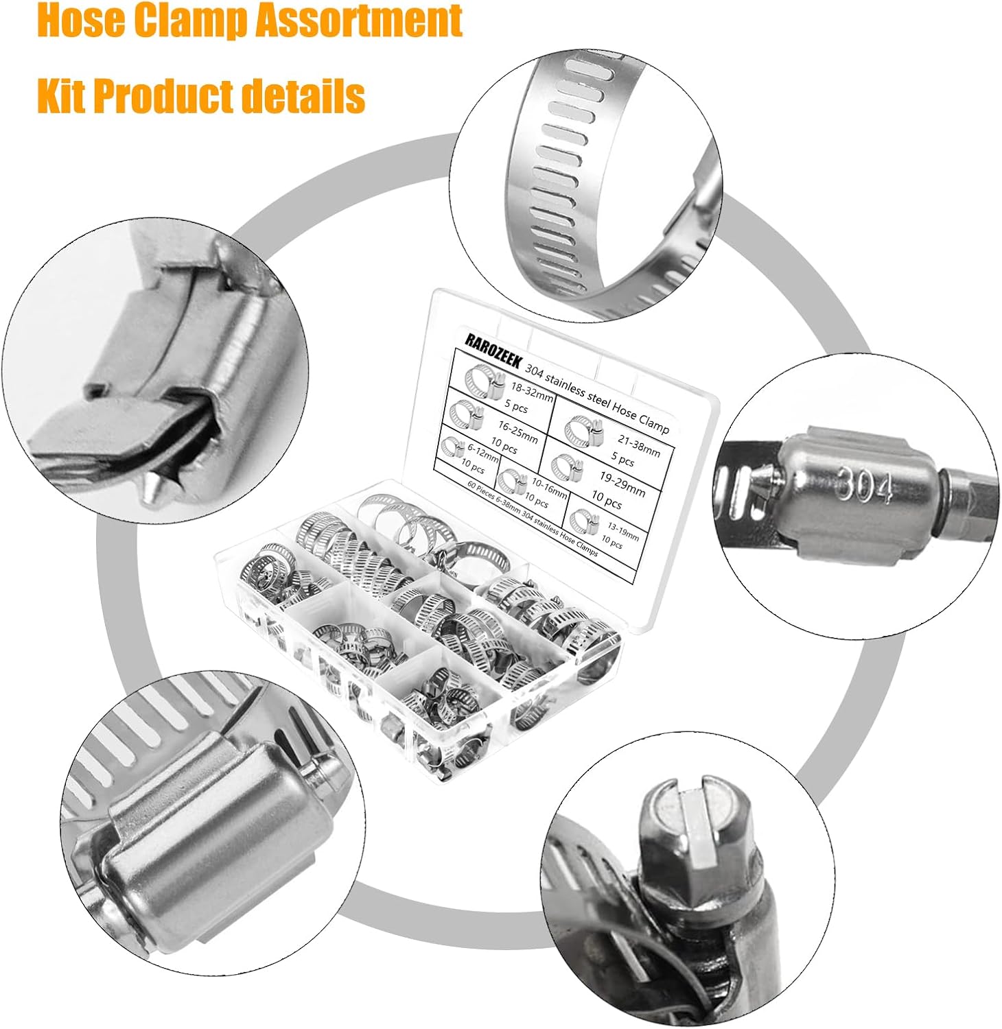 304 Stainless Steel 60 Pieces Stainless Steel Hose Clamp Assortment Kit, Adjustable 1/4''- 1-1/2'' (6-38mm) Worm Gear Metal Fuel Line Clamp for Fuel Injection Line, Automotive, Radiator
