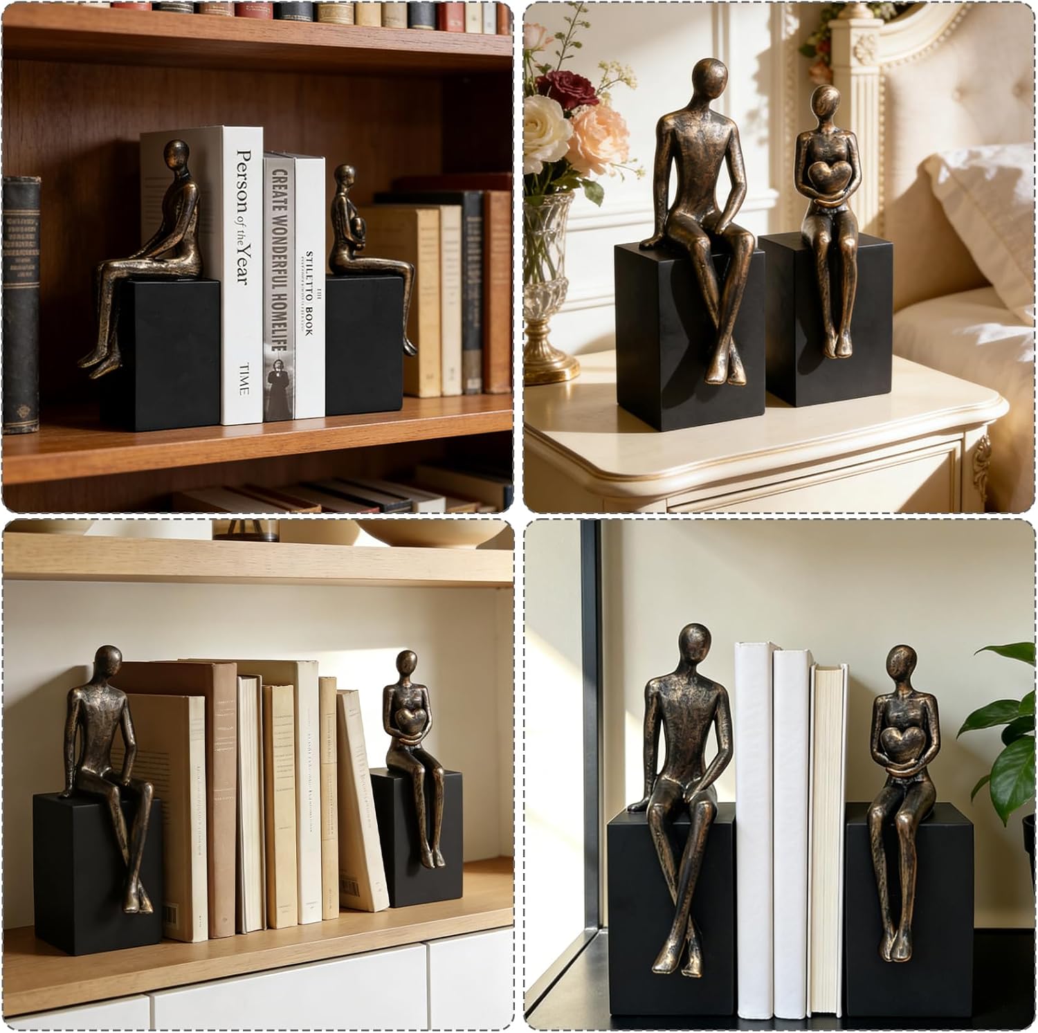 Heavy Duty Book Ends for Shelves,Iron Decorative Bookends,Reading Couple Figurine Bookends for Shelves,Non-Slip Book Holder, Modern Creative Office Company Bookends Ornament Decorations