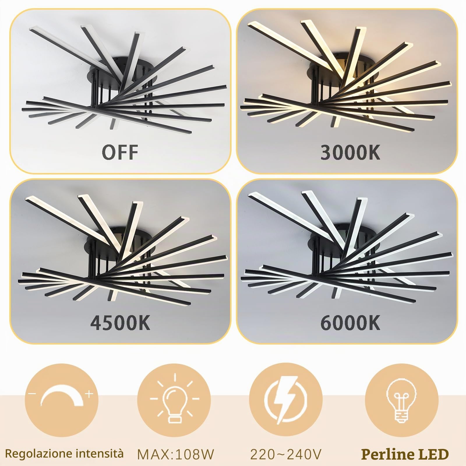 Plafoniera LED Moderna Lampadario Dimmerabile Lampadari Decorativa Plafoniere Multi-testa Con Telecomando per Soggiorno Camera da Letto Sala da Pranzo Cucina Ufficio Bar 9 Luminose Nero