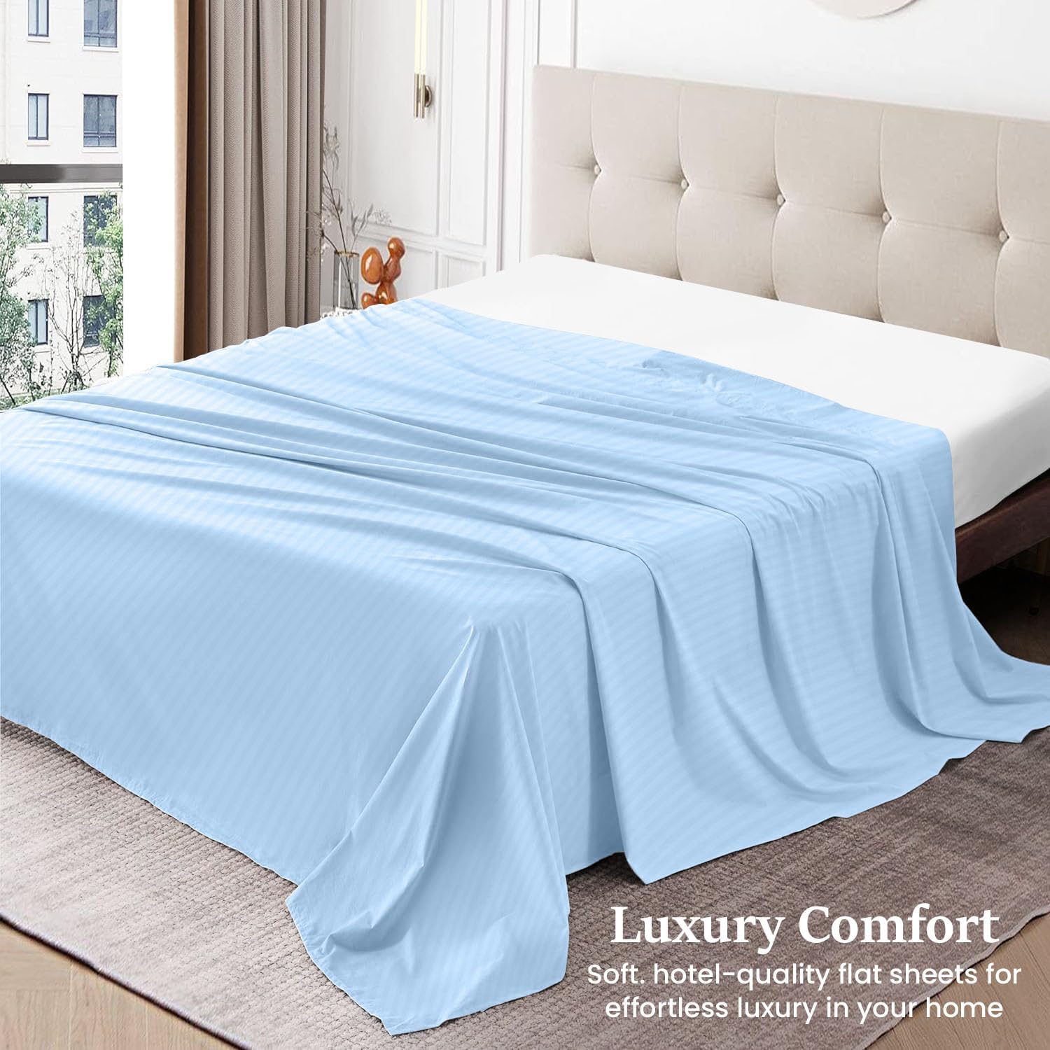jaycorner Luxury Queen (90x102) Size Flat Sheet Only - Peruvian Pima Cotton, 1000 Thread Count, 1 Piece Top Sheet, Extra Soft and Breathable Percale Weave, Hotel Quality (Stripe, Light Blue)