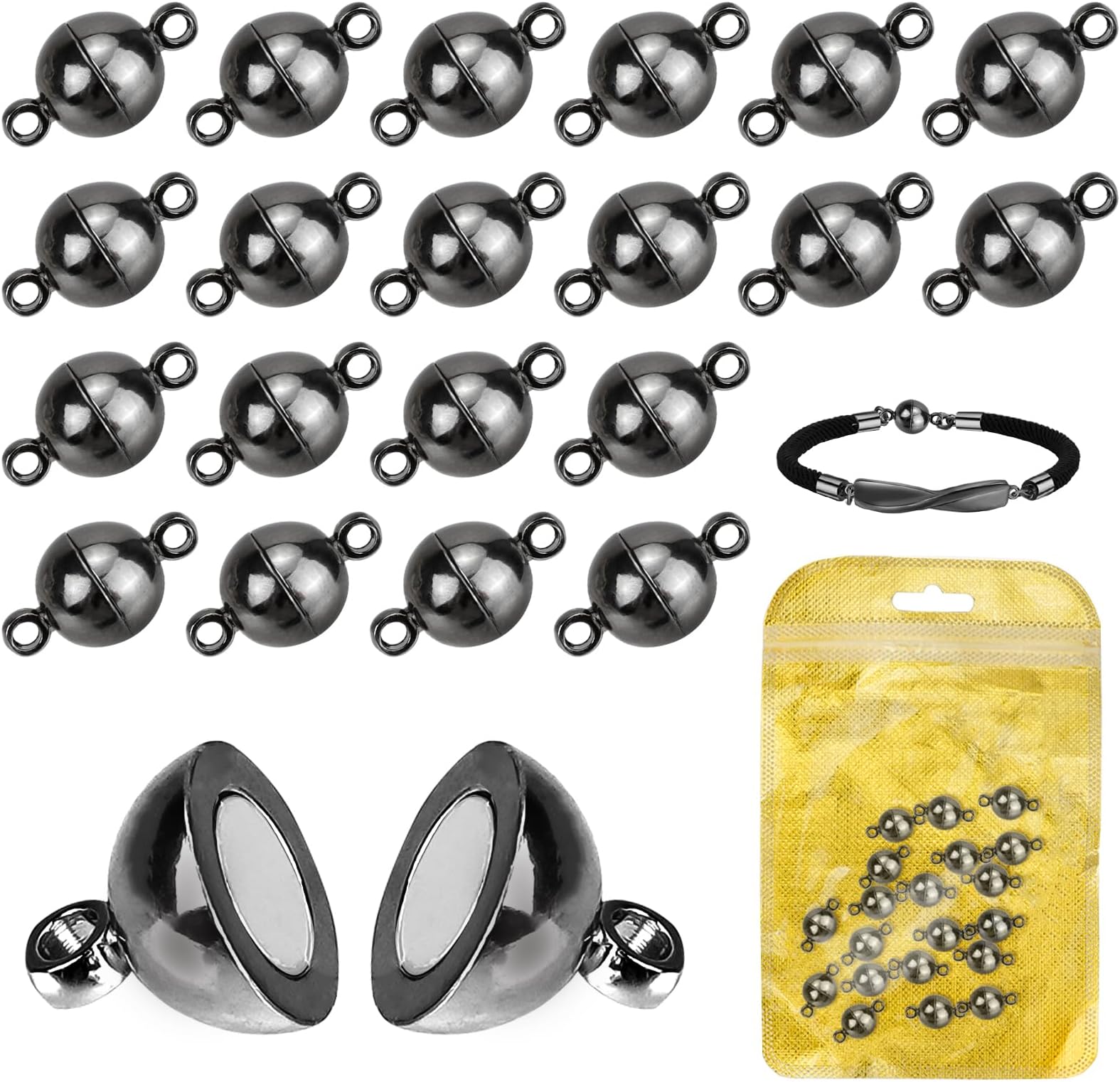 20PCS Magnetic Necklace Clasps, 6MM Round Bracelet Clasps and Closures, Ball Magnetic Bracelet Clasp and Fasteners for Necklaces Bracelets Anklet Jewellery Making DIY Craft (Black 6MM)