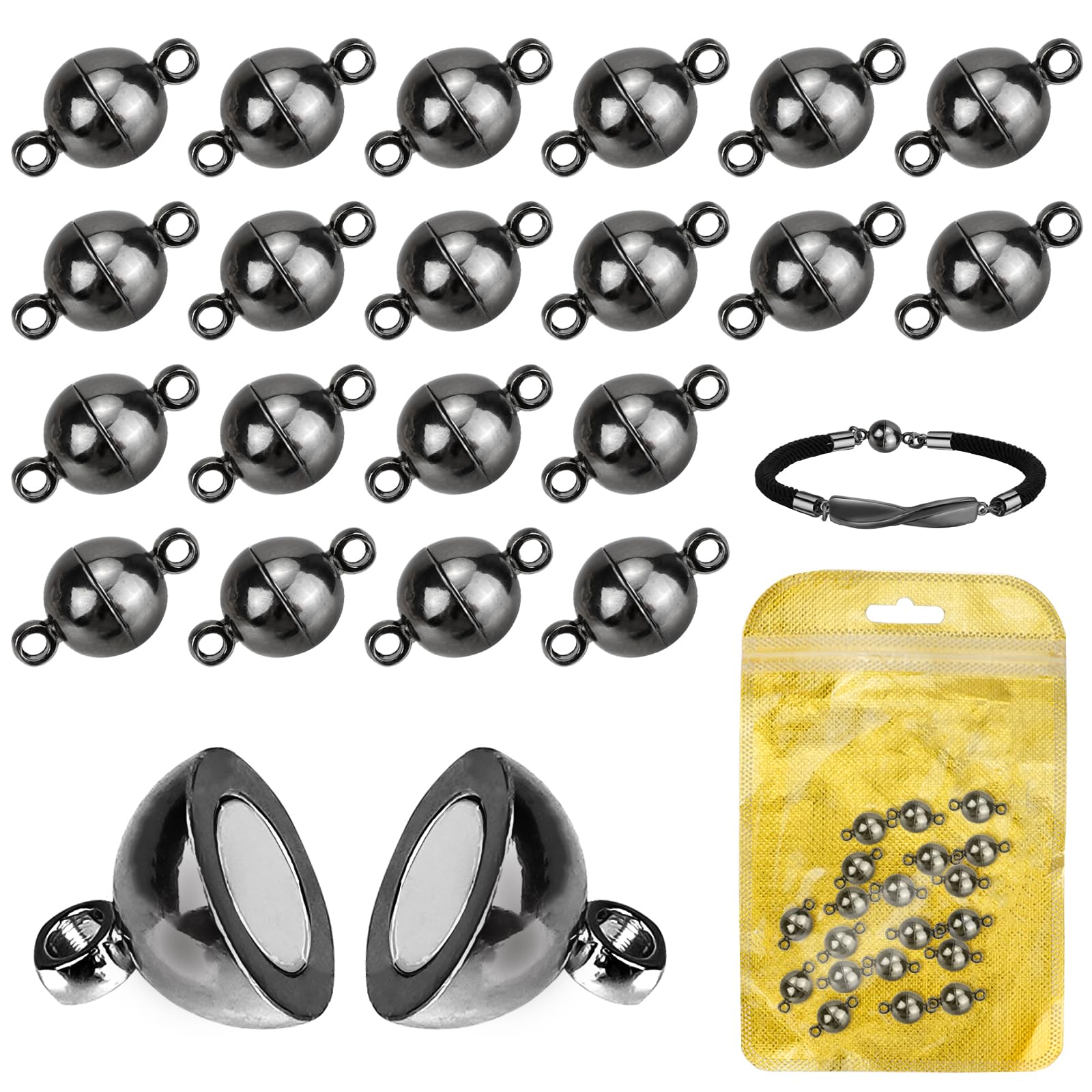 20PCS Magnetic Necklace Clasps, 6MM Round Bracelet Clasps and Closures, Ball Magnetic Bracelet Clasp and Fasteners for Necklaces Bracelet Anklet Jewellery Making DIY Craft (Black 6MM)